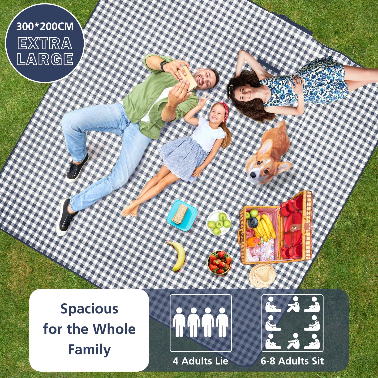 Picknickdecke 300x200 cm, Sandfest Stranddecke Wasserdicht Campingdecke, Waschbar mit Tragegriff, Ideal für Outdoor, Camping, Strand & Familienpicknick (Blau Kariert)