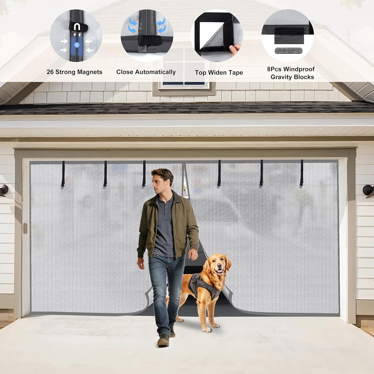 HBlife Privacy Garage Door Screen for 2 Car Garage, 16x7FT Heavy Duty Magnetic Garage Screen Door Mesh, Hands Free Retractable Garage Net Screen with 6 Roll Up Starps and 26 Magnets, Silver Grey