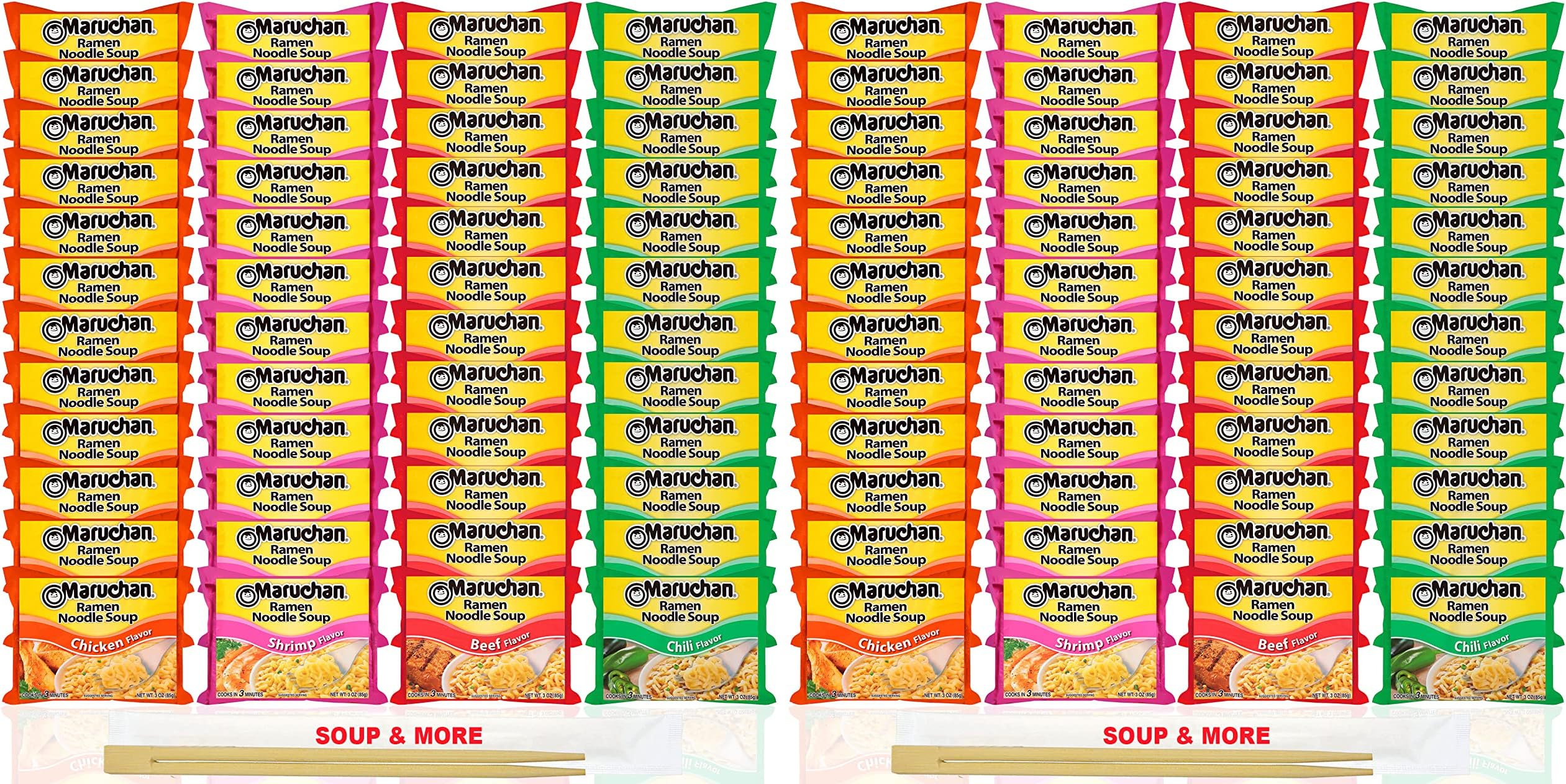 Maruchan Ramen Instant Soup 96 Count Noodles Packs- 24 Chicken, 24 Shrimp, 24 Beef & 24 Chili Flavors Lunch/Dinner Variety, 4 Flavors