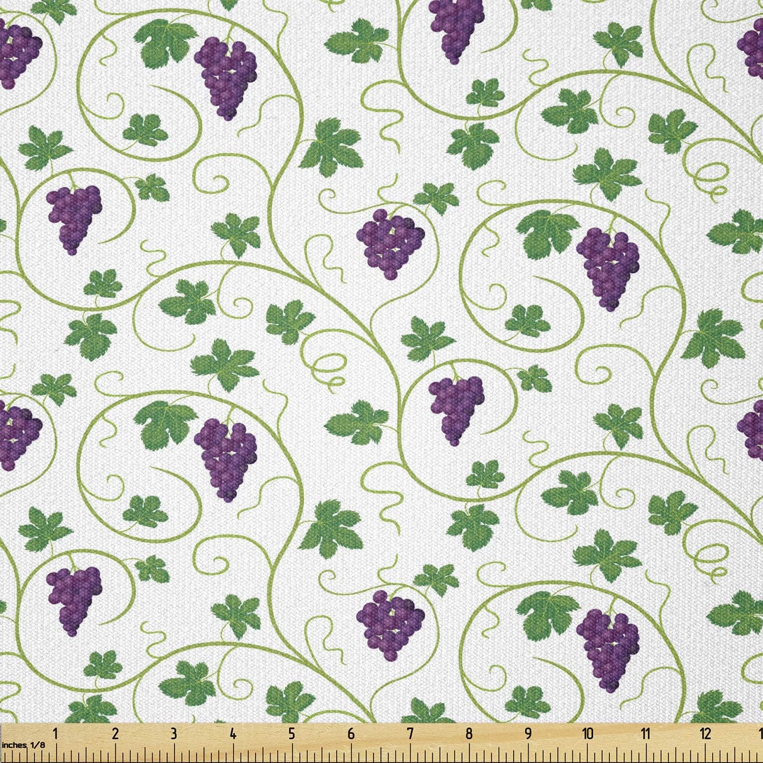 Lunarable Vine Fabric by The Yard, Green Leaves Swirls Grapes Country Life Style Eating Fresh Tasty Alternatives, Stretch Knit Fabric for Clothing Sewing and Arts Crafts, 5 Yards, Purple Green White