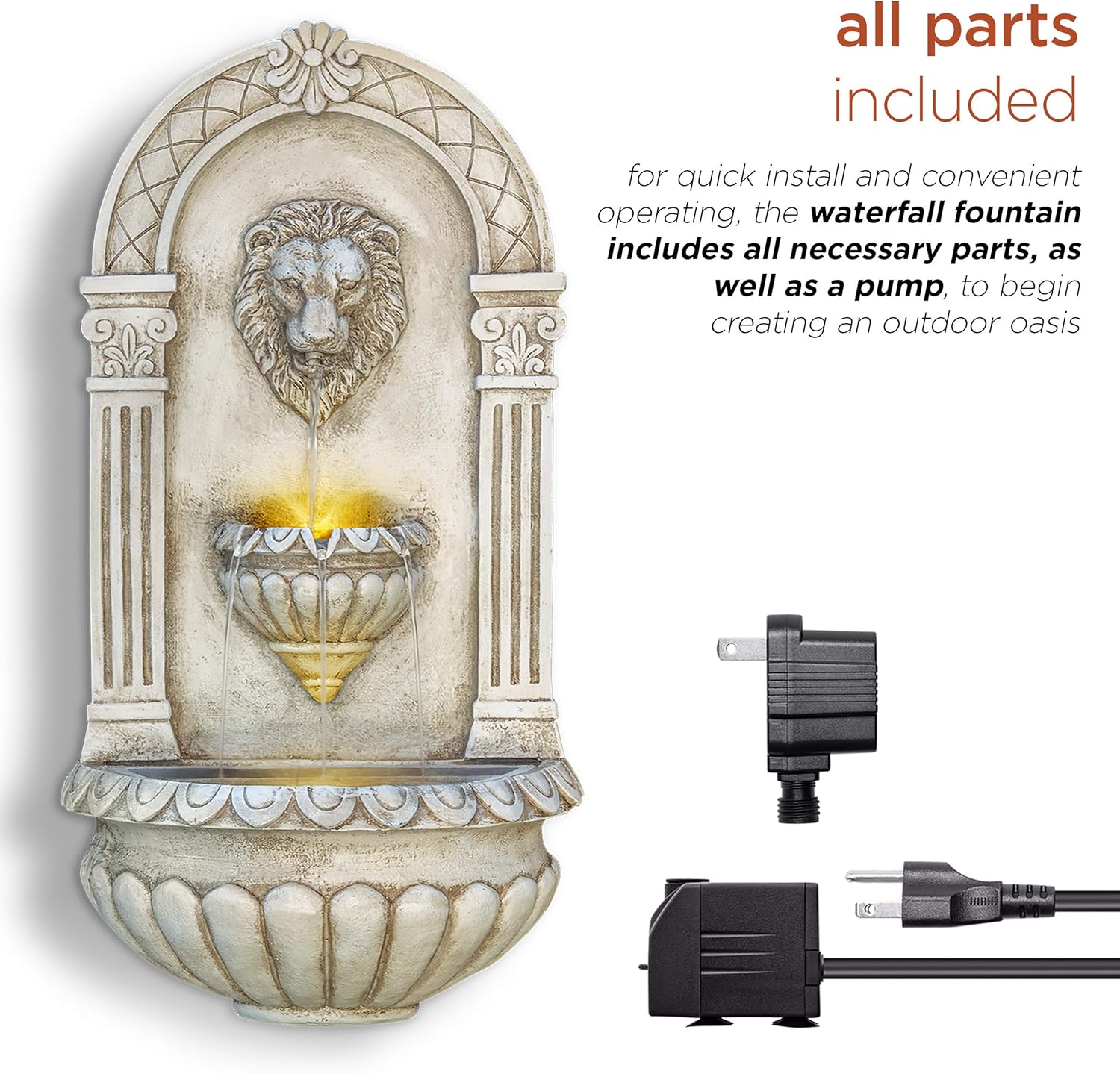 Alpine Corporation TZL160 Lion Head Wall Fountain w/LED Lights, 17" L x 9" W x 32" H, Mixed Colors : Patio, Lawn & Garden