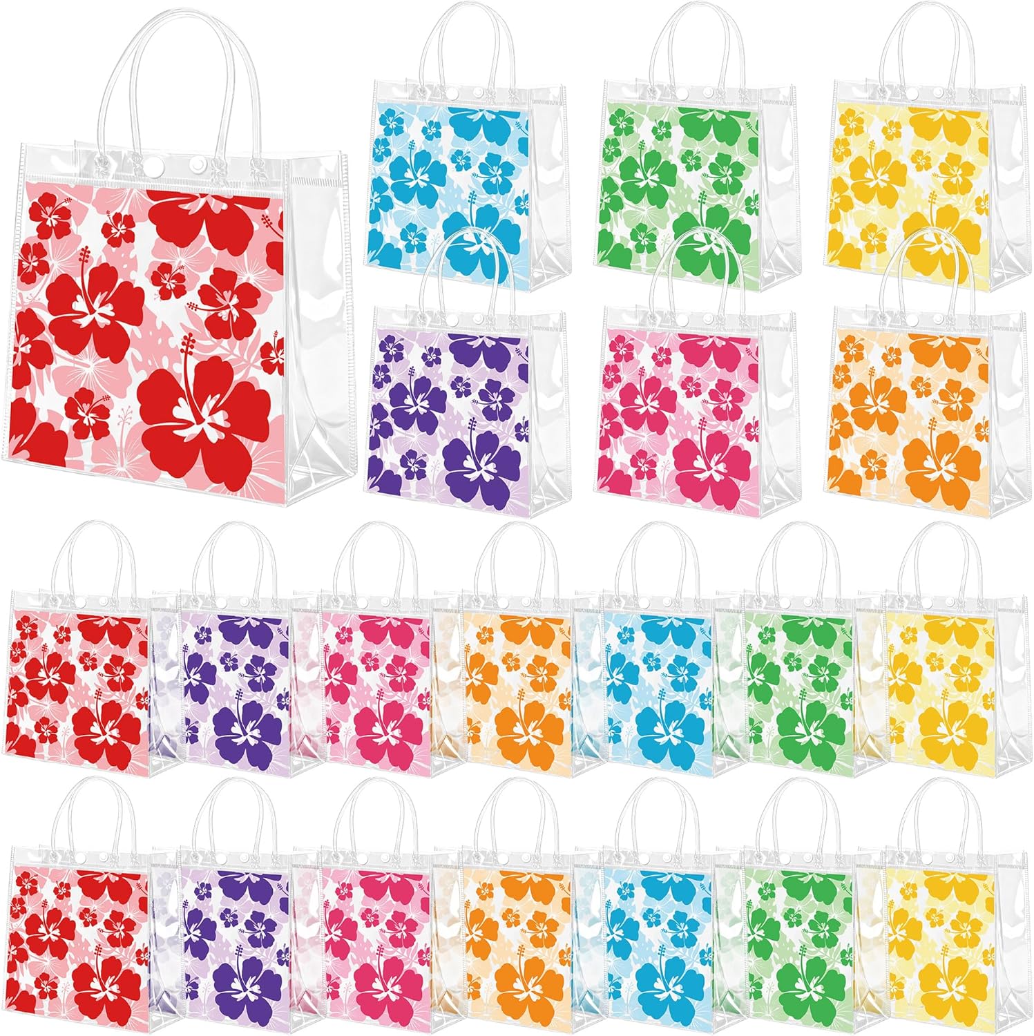 Renbuzhu 25PCS Hawaiian Clear Gift Bags with Handles Bulk 8 x 8 x 3Inches: Aloha Luau Hibiscus PVC Transparent Tote Summer Tropical Party Supplies