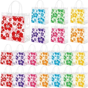 Renbuzhu 25PCS Hawaiian Clear Gift Bags with Handles Bulk 8 x 8 x 3Inches Aloha Luau Hibiscus PVC Transparent Tote Summer Tropical Party Supplies