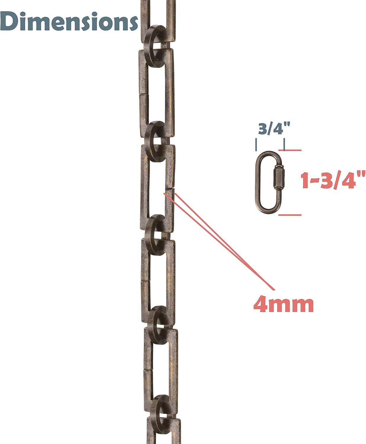 Aspen Creative 21128-07-1, Steel Heavy Duty Chain & Two Quick Link Connector for Lighting Fixture/Swag Light/Plants / 3 Feet, Antique Brass, 8 Gauge