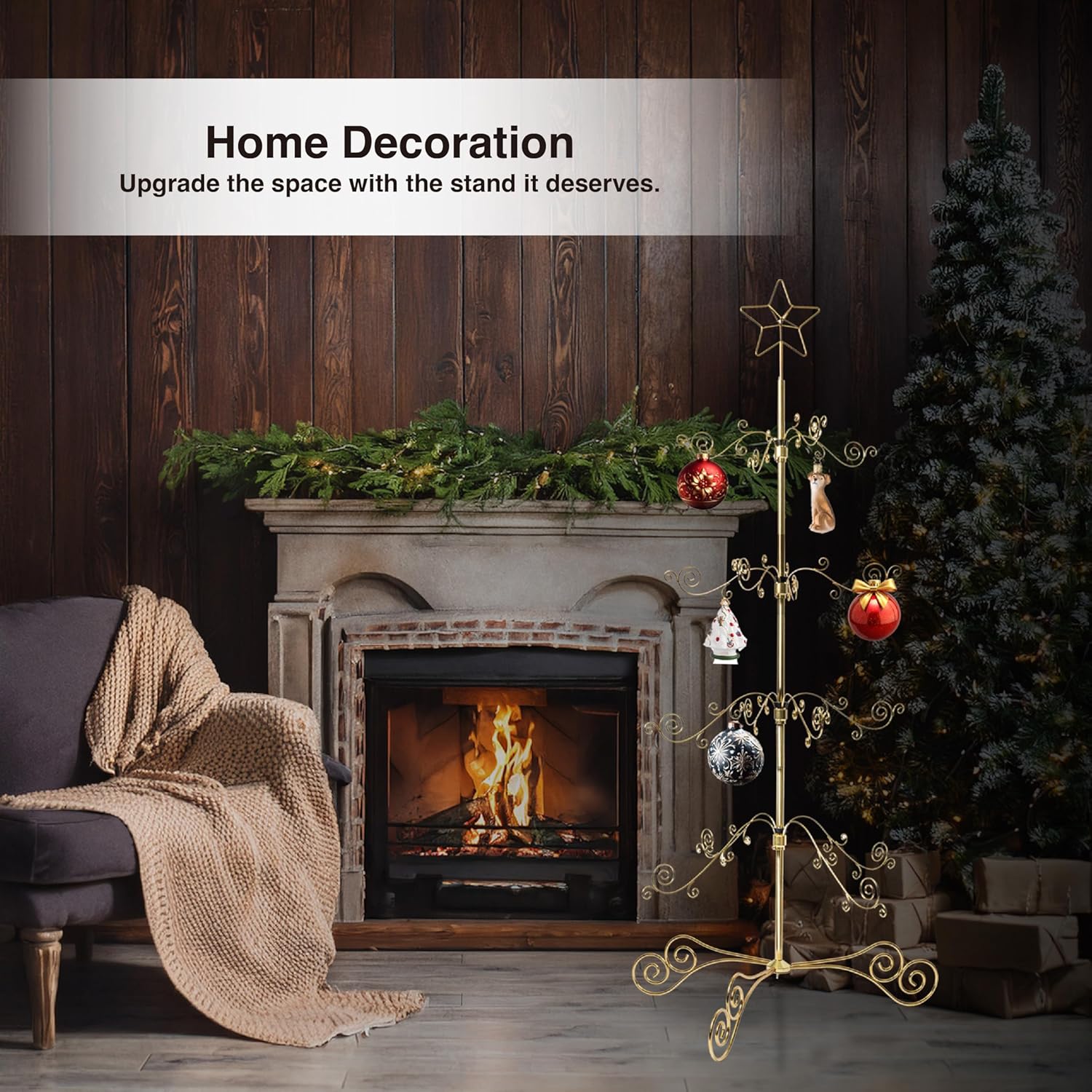 HOHIYA 3 Ft Wrought Iron Ornament Display Stand 56-Hook Metal Christmas Tree Alternative for Ornaments Glass Baubles Halloween Year-Round Displays Rack for Tabletop Taiwan Made Gold