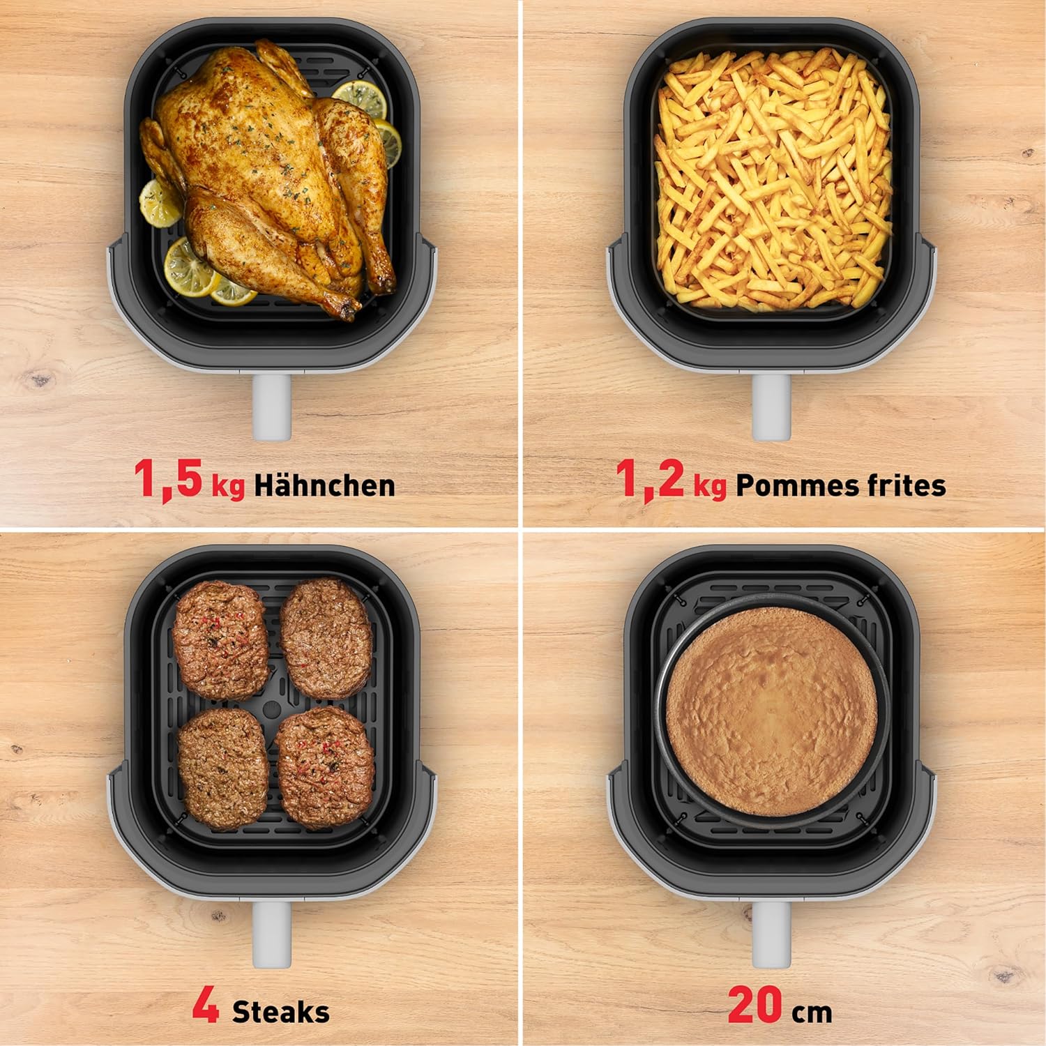 Four images showing different food items in the air fryer basket: 1.5 kg chicken, 1.2 kg fries, 4 steaks, and a 20 cm cake.