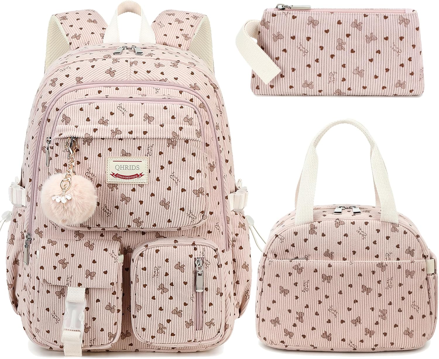 School Backpack Set for Teens Girls Women 3PCS Corduroy Lightweigh Laptop Backpacks with Lunch Box Pencil Kids Elementary Middle High Bags Students 3 in1 Bookbag Travel Daypack, Floral
