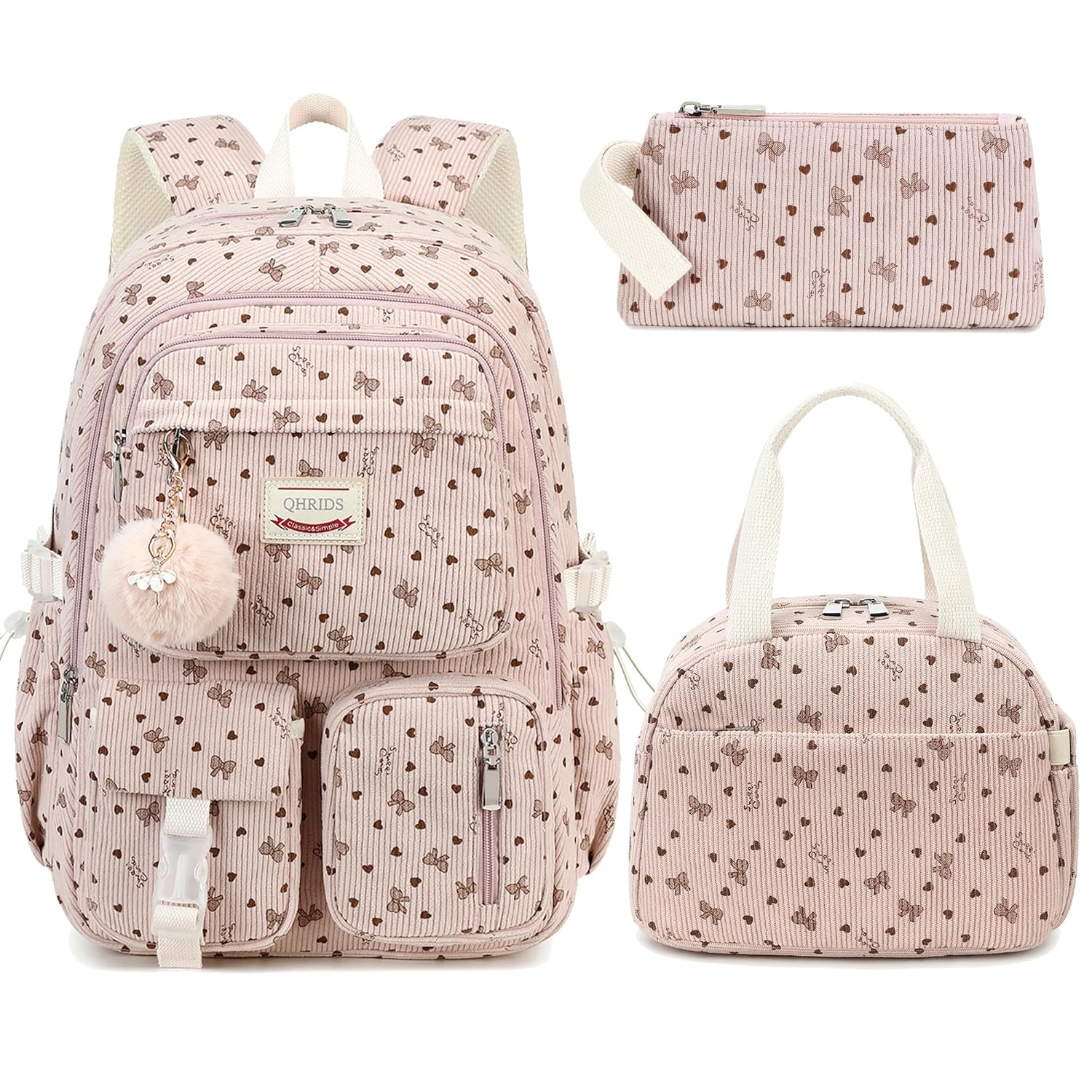 School Backpack Set for Teens Girls Women 3PCS Corduroy Lightweigh Laptop Backpacks with Lunch Box Pencil Kids Elementary