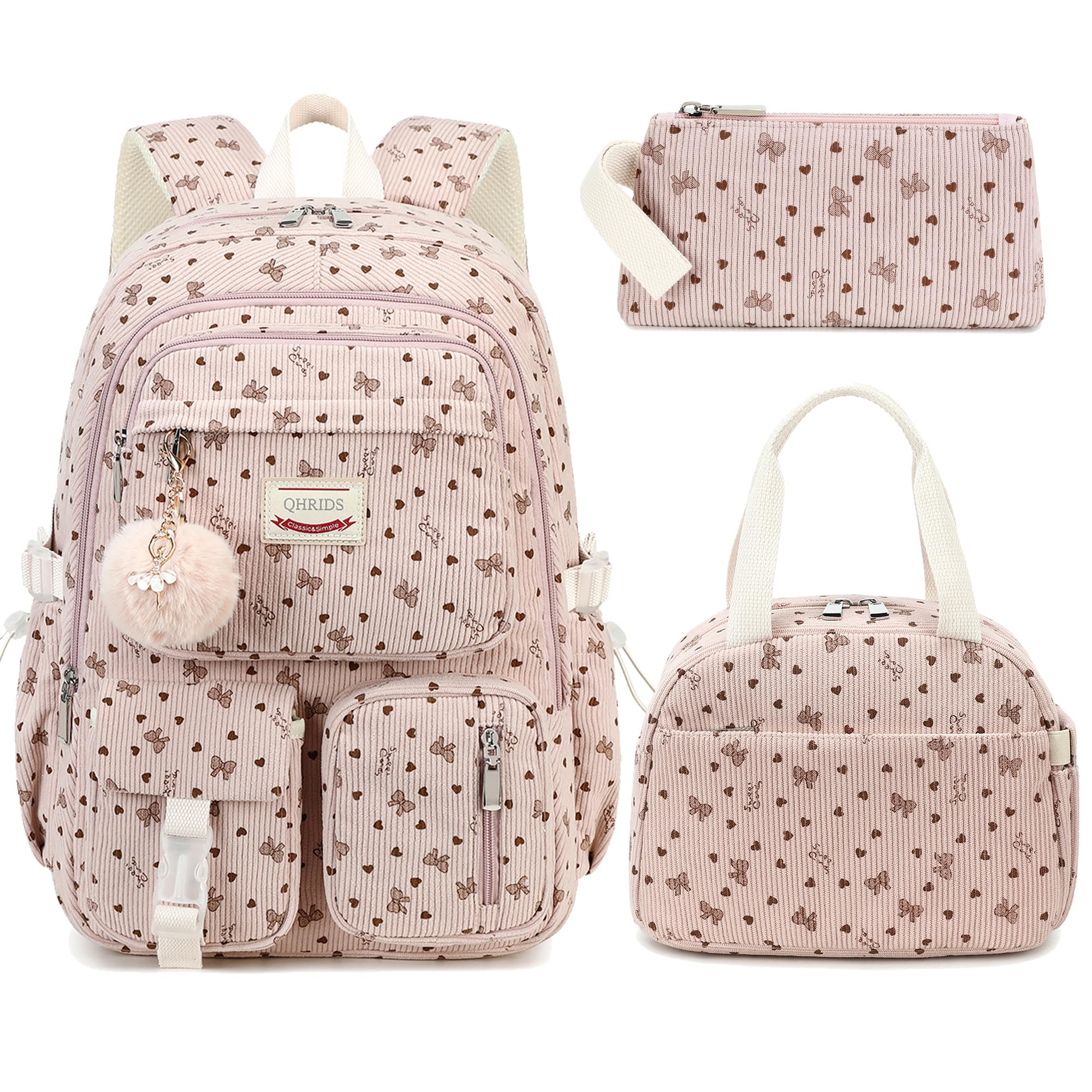 School Backpack Set for Teens Girls Women 3PCS Corduroy Lightweigh Laptop Backpacks with Lunch Box Pencil Kids Elementary