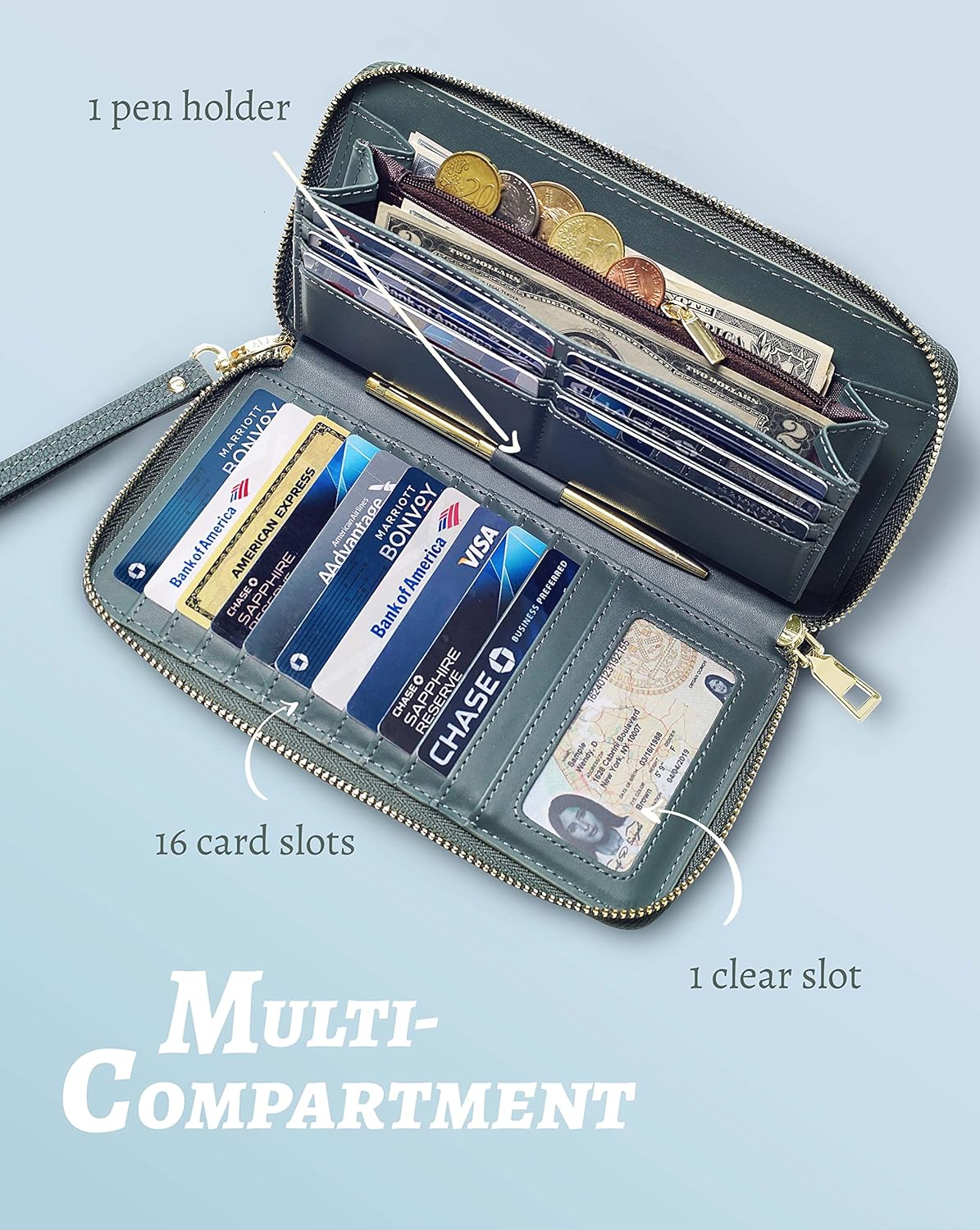 Yarnic Green Women Wallet Wristlet Band Wallet Credit Card Holder Clutch Money Pockets Case Coin Money Clip Organizer Purse with RFID Blocking Large Capacity with Zipper Gray Green - Image 4