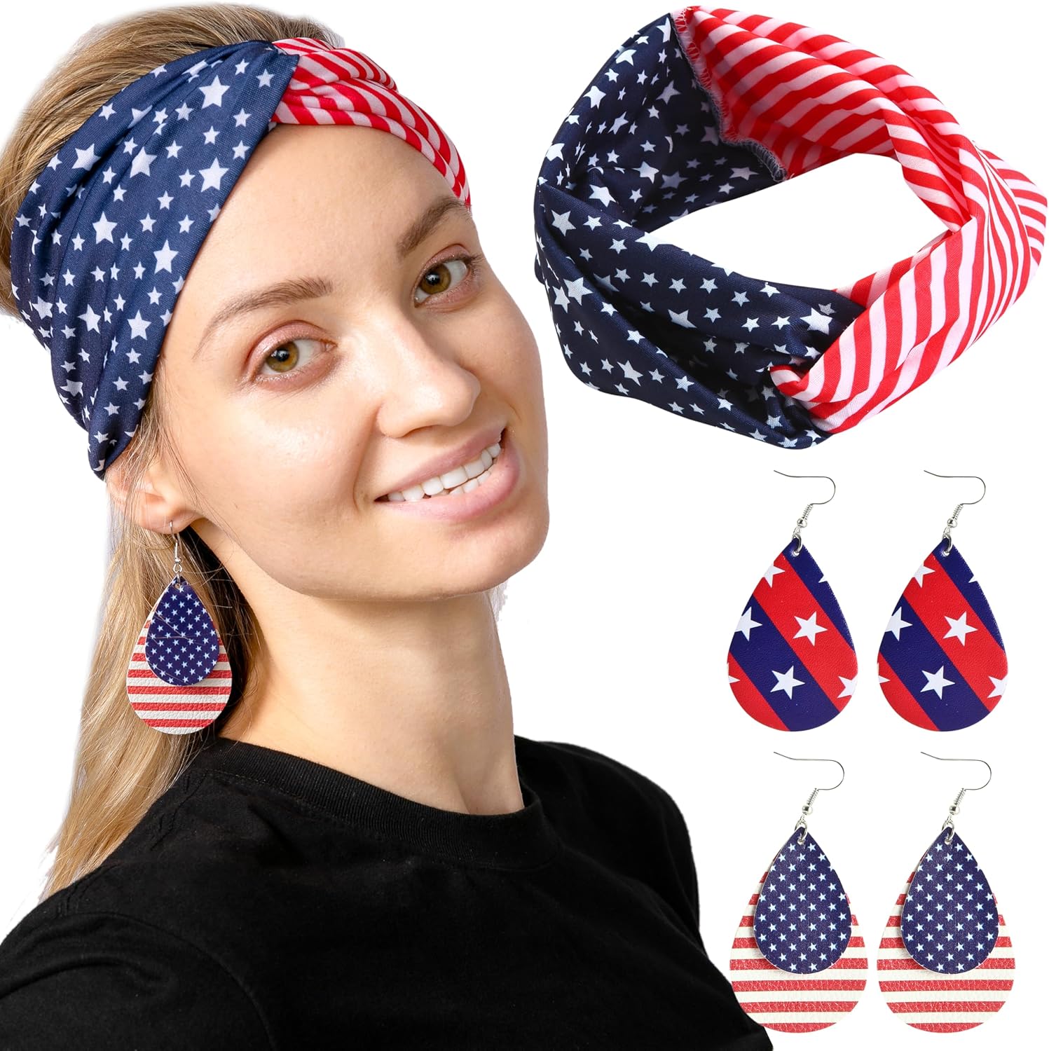 JOYIN 5 Pcs Patriotic Accessories of a US American Flag Headband, 4 Leather Earrings for 4th of July Celebration, Independence Day Themed Party Dress-up image 2
