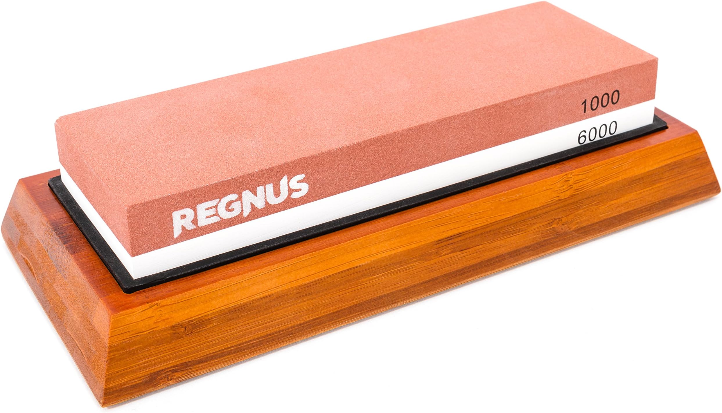 Knife Sharpener - 1000/6000 Double Sided Combination Sharpening Stone with Non-slip Bamboo Base - Also for any Blades, Razors and Scissors by Regnus