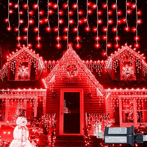 300L LED Icicle Lights, Red Window Curtain Lights,8 Modes with 30V Plug in for Wedding, Party, Bedroom, Home, Garden, Outdoor, Indoor Wall,Christmas