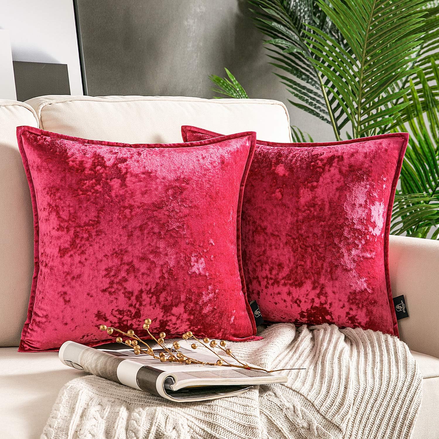 Phantoscope Pack of 2 Shiny Crushed Velvet with Trim Square Throw Pillow Covers Cushion Cover Pillowcase for Couch Bed and Chair, Hot Pink 18 x 18 inches 45 x 45 cm