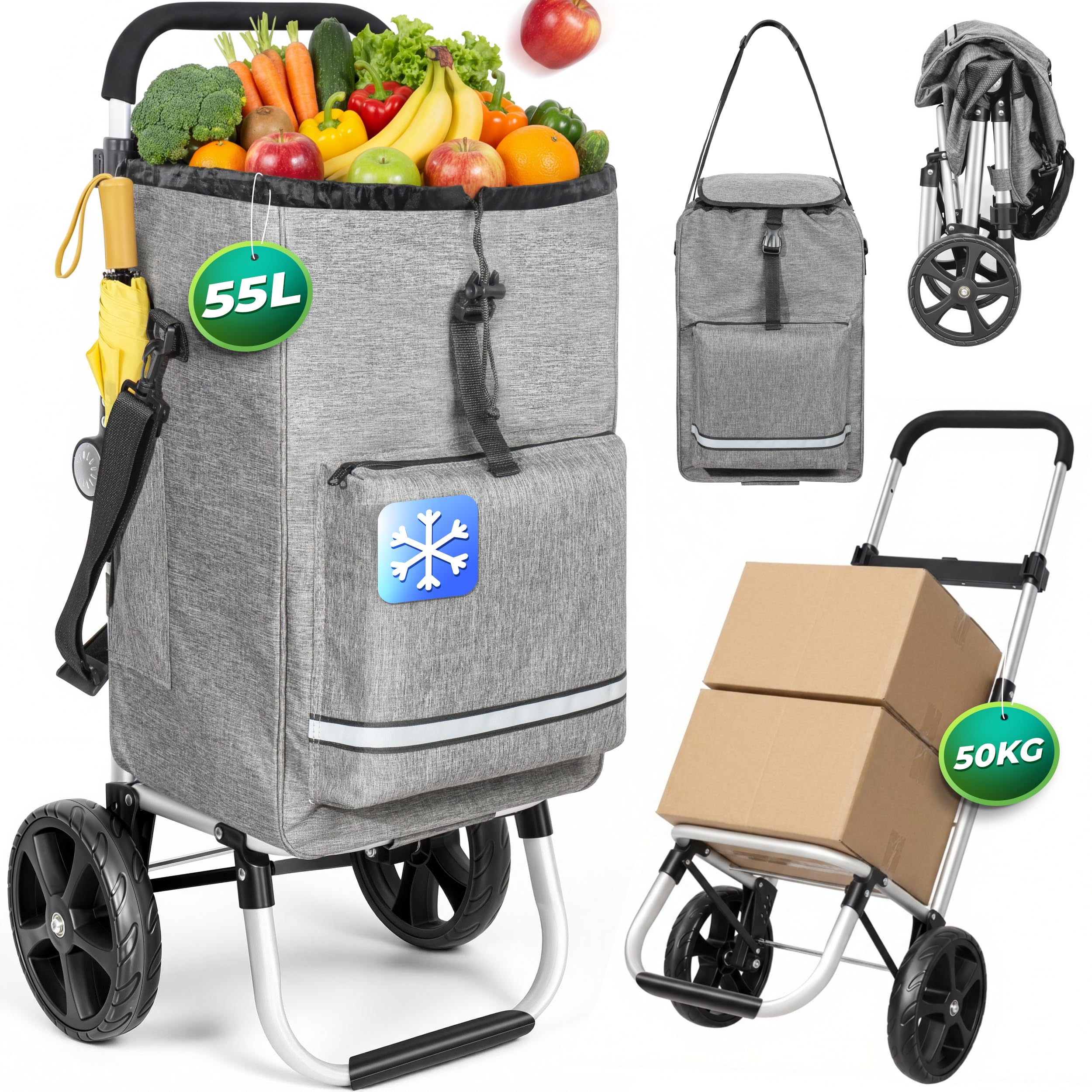 Homecall Einkaufstrolley klappbar Einkaufswagen mit 50L + 5L kühlfunktion Bis 50KG, Einkaufstasche mit Rollen 3 in 1 Shopping Trolley & Sackkarre & Umhängetasche (Dunkelgrau, Standard)