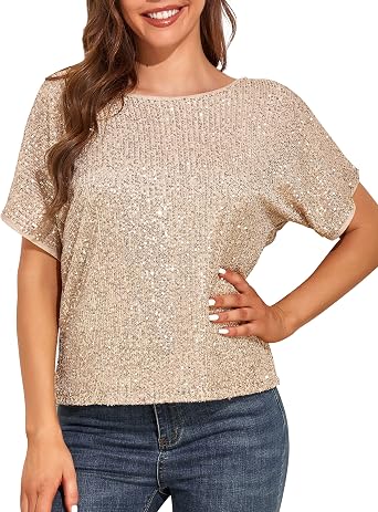kayamiya Womens Sparkly Sequin Top Batwing Sleeve Glitter Party Shirts Blouse Dressy Tops