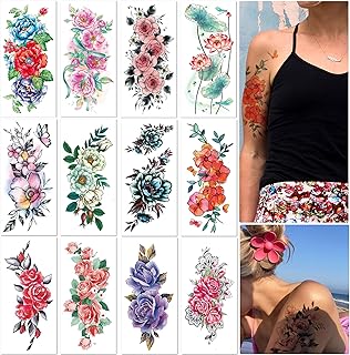 12 Feuilles Fleurs Manche Tatouages Éphemere Femmes Filles, Faux Temporaires Tatouages Sexy Autocollants Réalistes, Roses, Lotus, Pivoines Fleurs Variées pour Corps Dos Halloween Noël