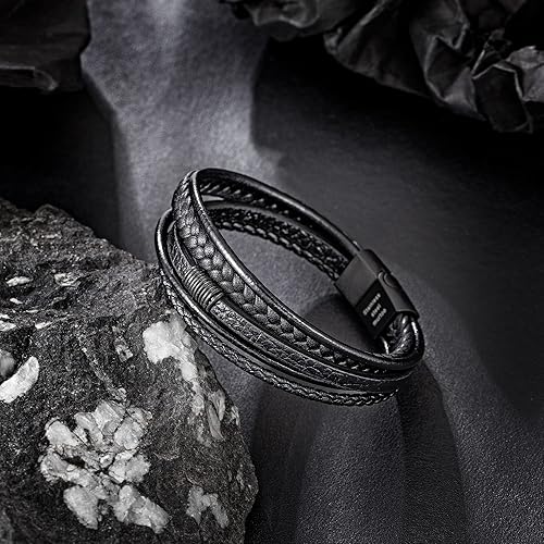 Miniatura 4 de Speroto Pulsera ajustable de cuero para hombre con cierre de acero inoxidable, multicapa trenzada de cuero genuino para hombres y mujeres