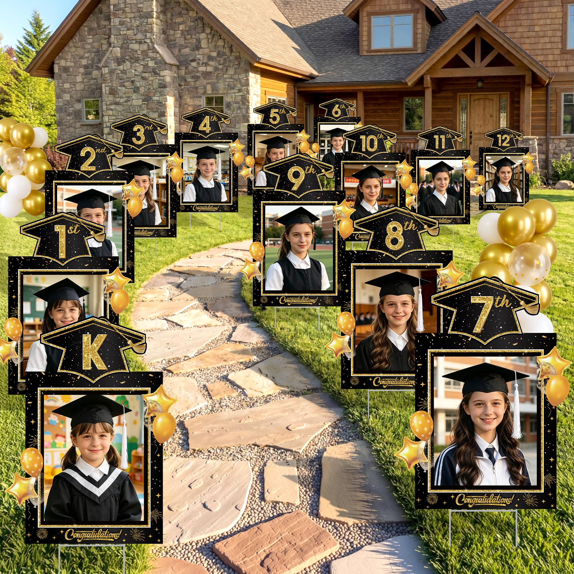 Photo 1 of Vivantia 13 Pcs 2026 Graduation Yard Sign, Class of 2026 K-12 DIY Name Yard Sign with Metal Stakes, Congrats Grad Lawn Decor for Kindergarten to High School Outdoor Grad Party Supplies, Black and Gold