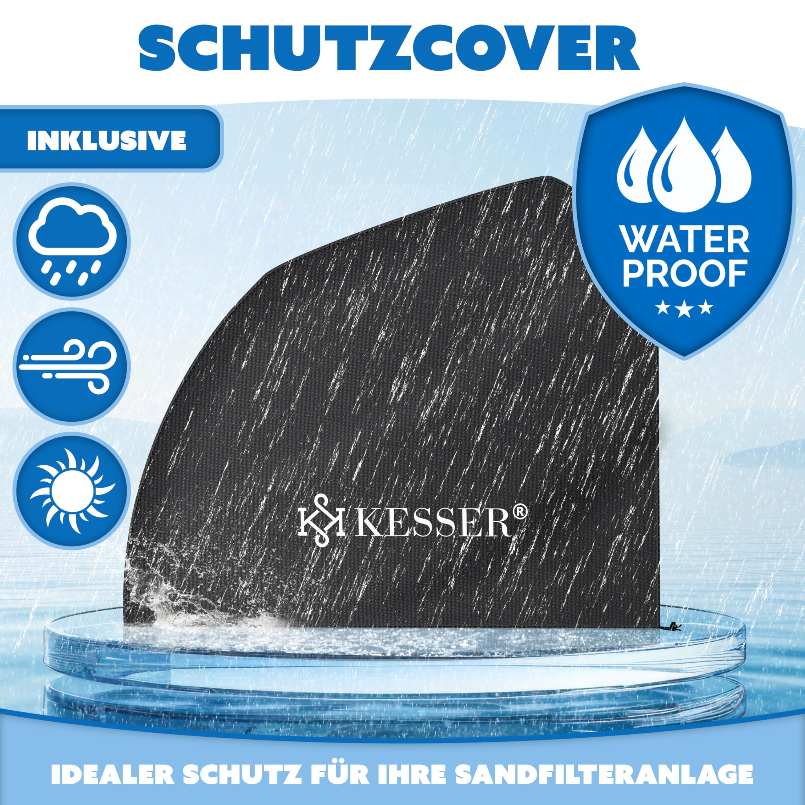 KESSER® Sandfilteranlage für Pool bis zu 60.000L, 10.200 L/h, 400W Pumpe, 20L Tank, 7-Wege-Ventil mit Druckanzeige mit 800g Filterbälle, Poolfilter 10 m³/h mit Adapter Ø32–38mm & Wettercover, Schwarz