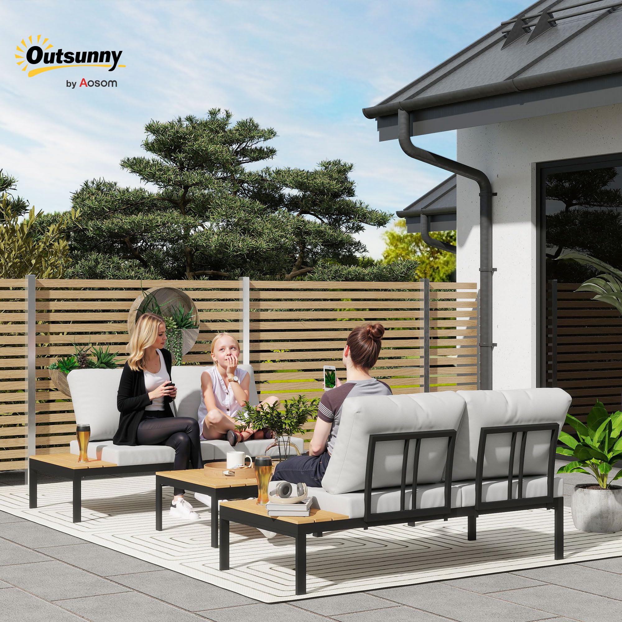 Outsunny Set Salotto da Giardino 4 Pezzi, 2 Divanetto 2 Posti, 2 Tavolini Caffè Quadrati, Legno e Cuscini Sfoderabili, Metallo e Legno Composito, Teak