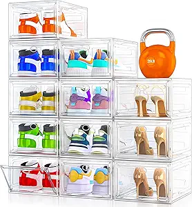 12 Pack Clear Shoe Storage Organizer with Magnetic Door,Stackable Plastic Shoe Boxes for Sneakers,Boots,and Heels,Space-Saving Foldable Shoe Rack for Closet,Durable Shoe Cabinet Organizer,White