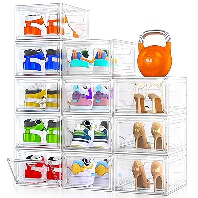 Thicken & Sturdy Clear Shoe Storage Organizer with Magnetic Door, Stackable Boxes for Closet, Foldable Space-Saving Shoe Rack for Sneaker Boot Container, Plastic Shoe Cabinet Shoe Box 6 Pack, White