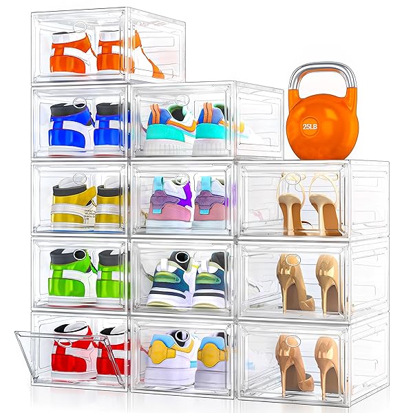Thicken & Sturdy Clear Shoe Storage Organizer with Magnetic Door, Stackable Boxes for Closet, Foldable Space-Saving Shoe Rack for Sneaker Boot Container, Plastic Shoe Cabinet Shoe Box 6 Pack, White