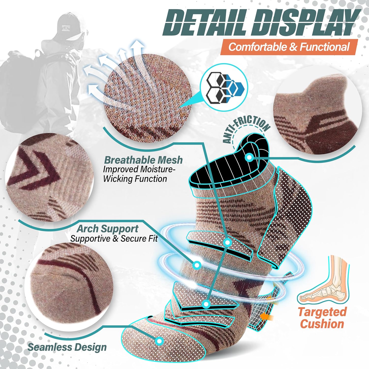 ANTSANG 6 Pairs Merino Wool Ankle Hiking Running Socks Compression Thick Cushion Breathable No Show Socks for Men Women - Image 4