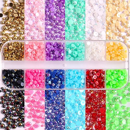 Miniatura 3 de YAEISM - 2000 perlas para uñas, cuentas de plástico de varios tamaños con diamantes de imitación para manualidades, perlas semicirculares AB con