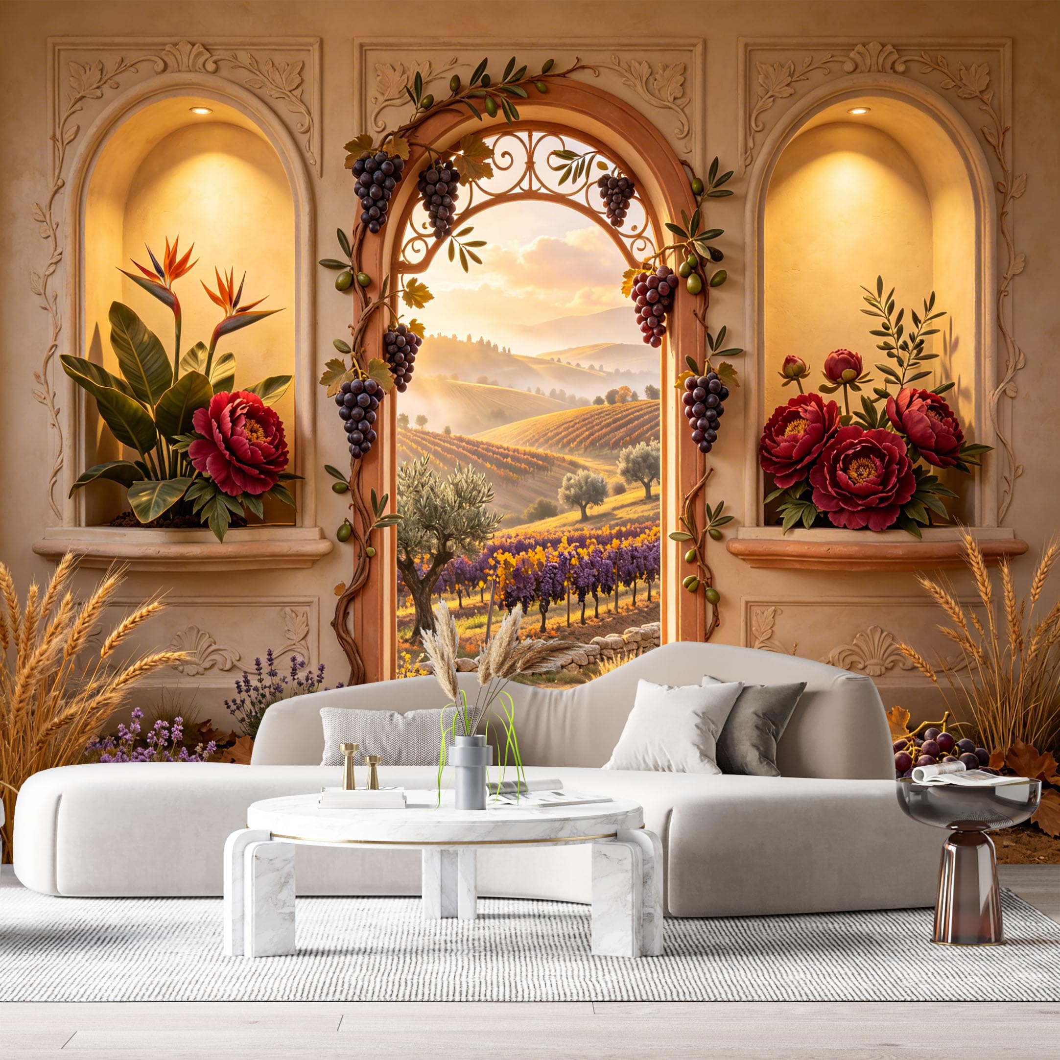Custom Size Wall Murals Tuscan Vineyard Landscape 3D Trompe L'Oeil Floral Arch SelfAdhesive Wall Fabric Removable Large Wallpaper for Photo Living Room