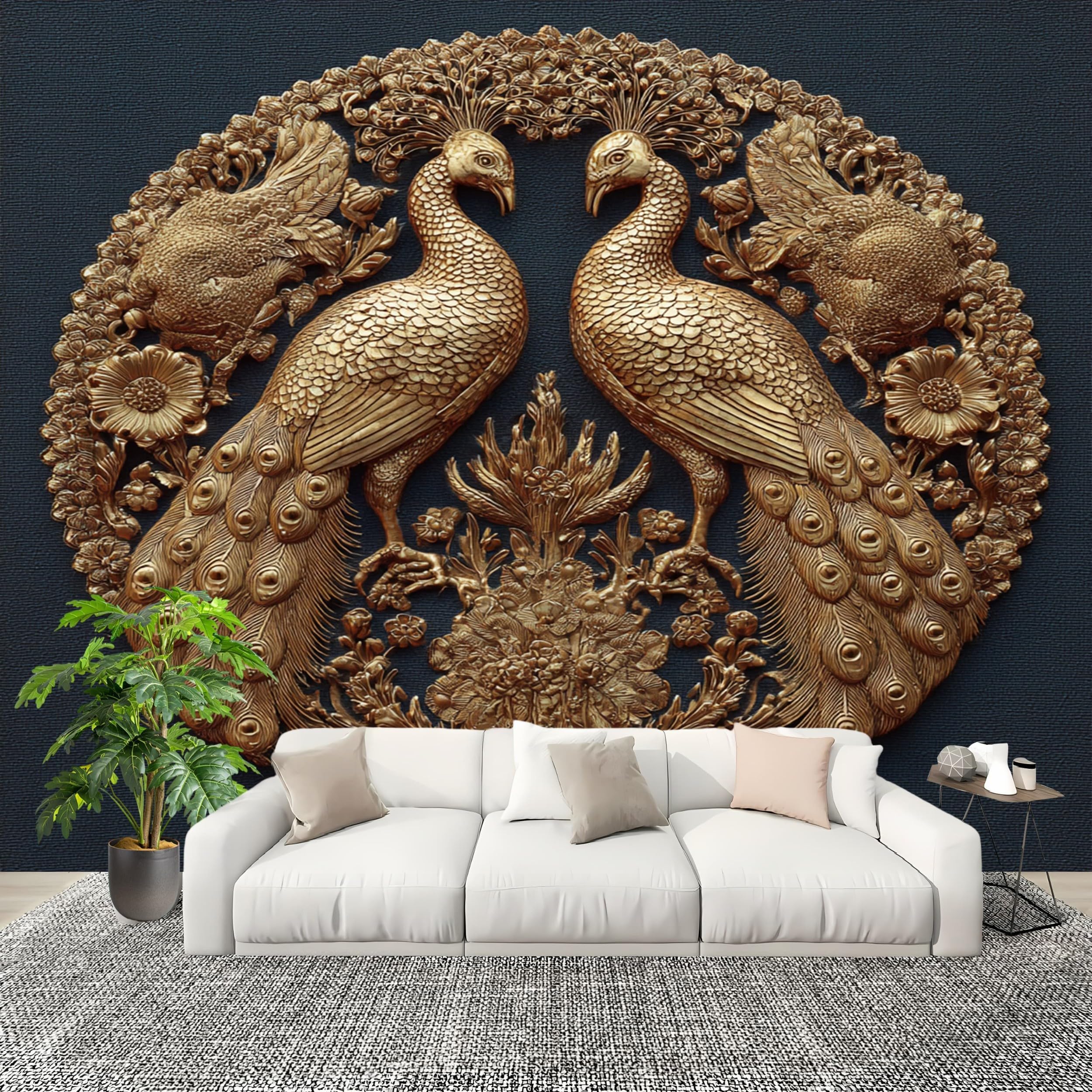 Poster mural photo paon 3D grand format papier peint intissé or 250x175 cm
