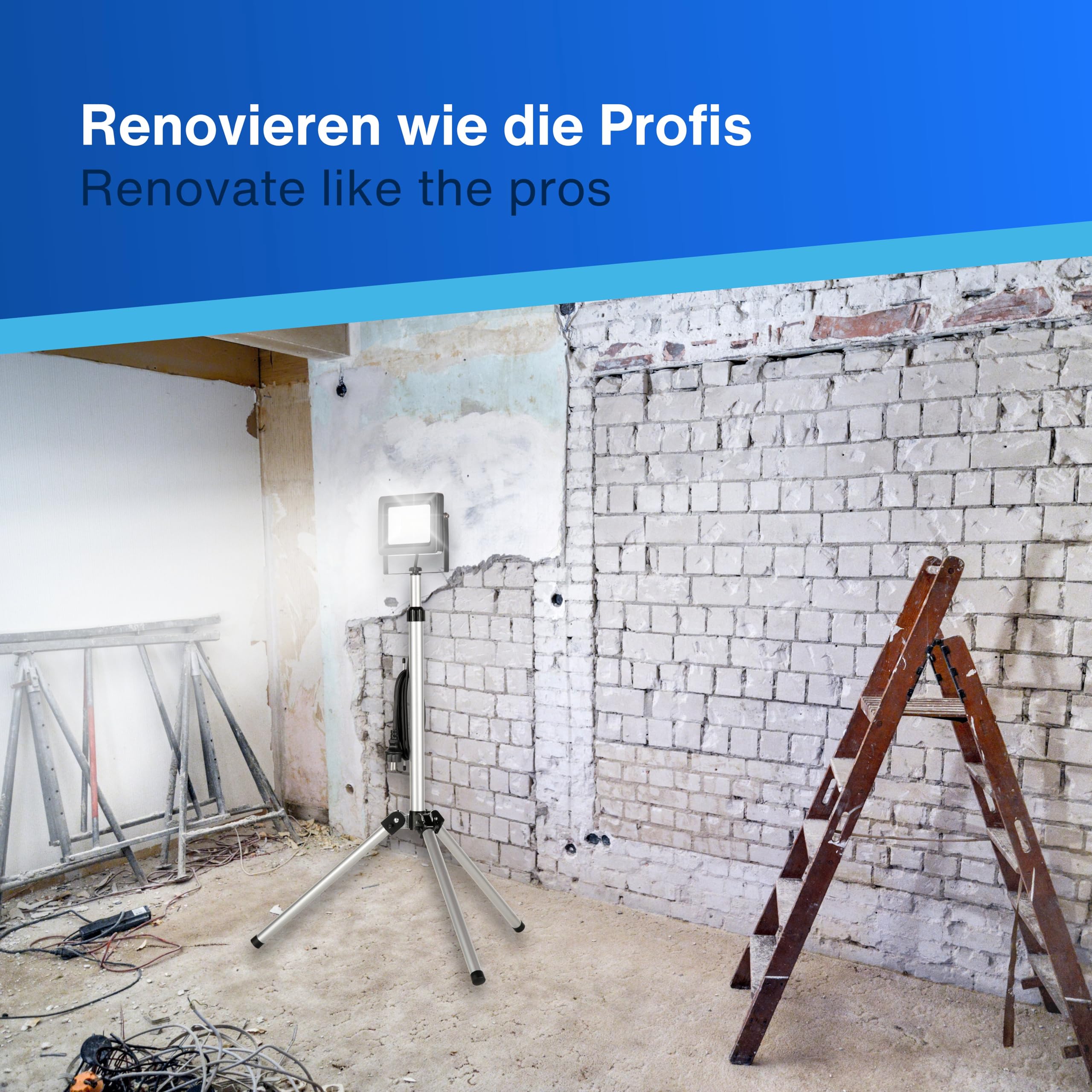 REV Baustrahler mit Stativ - 30W, 2550lm, 6500K, robuste Baustellenlampe für Baustelle, Werkstatt & Keller, Baulampe IP65 für innen & außen, silber