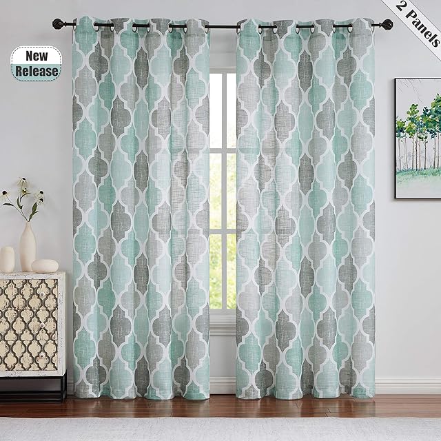 Beauoop Lattice Moroccan Tile Print Curtains 72 Inches Long Quatrefoil Geometric Linen Like Semi Sheer Curtain Grommet Window Treatment Set for Living Room Kitchen, Set of 2, 50" Wide, Duck Egg/Grey