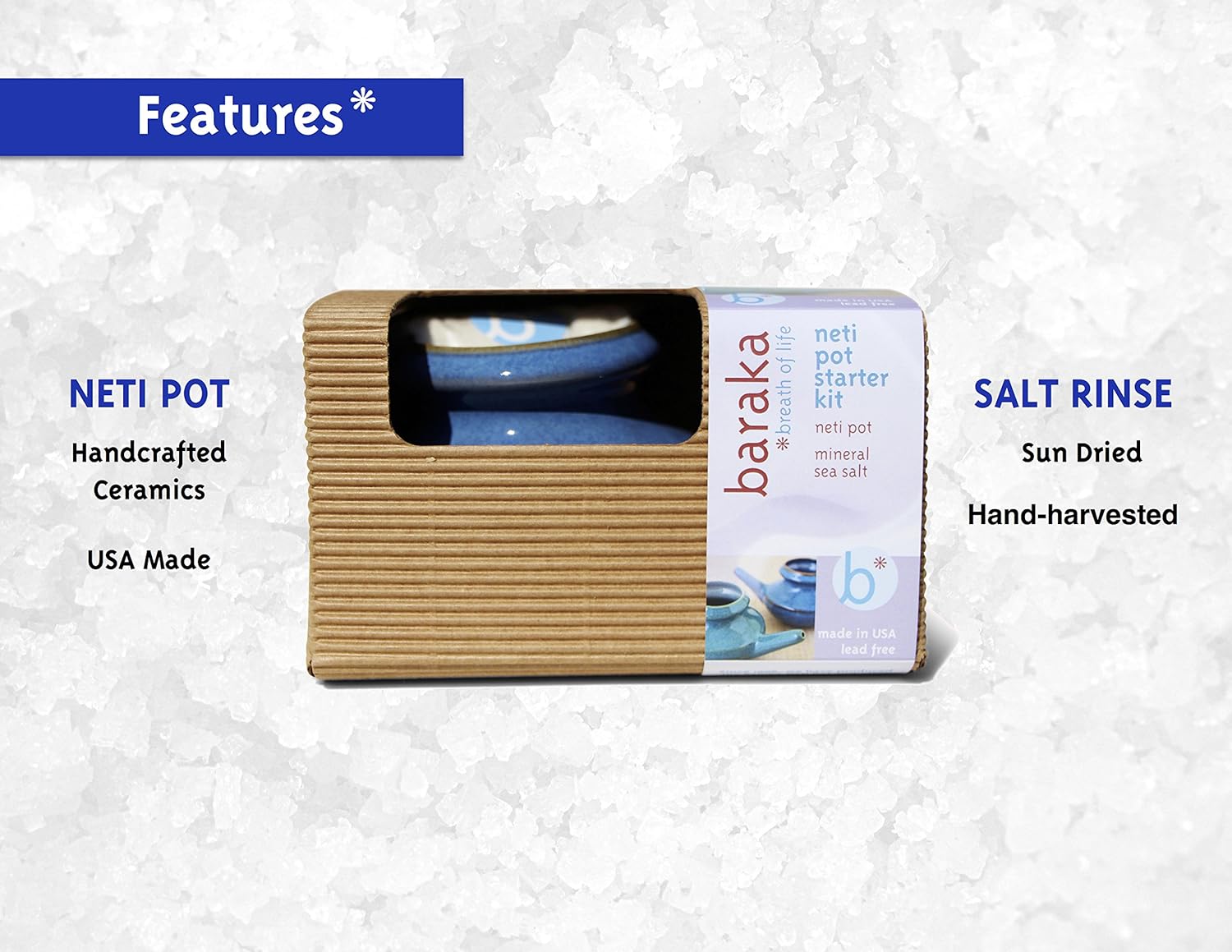 Baraka Handcrafted Ceramic Neti Pot w/ Box and 2 oz Mineral Sea Salt Rinse (Blue) - Tool Kit for Home - Relaxing Gifts for Women - Snoring & Saline Solution : Health & Household