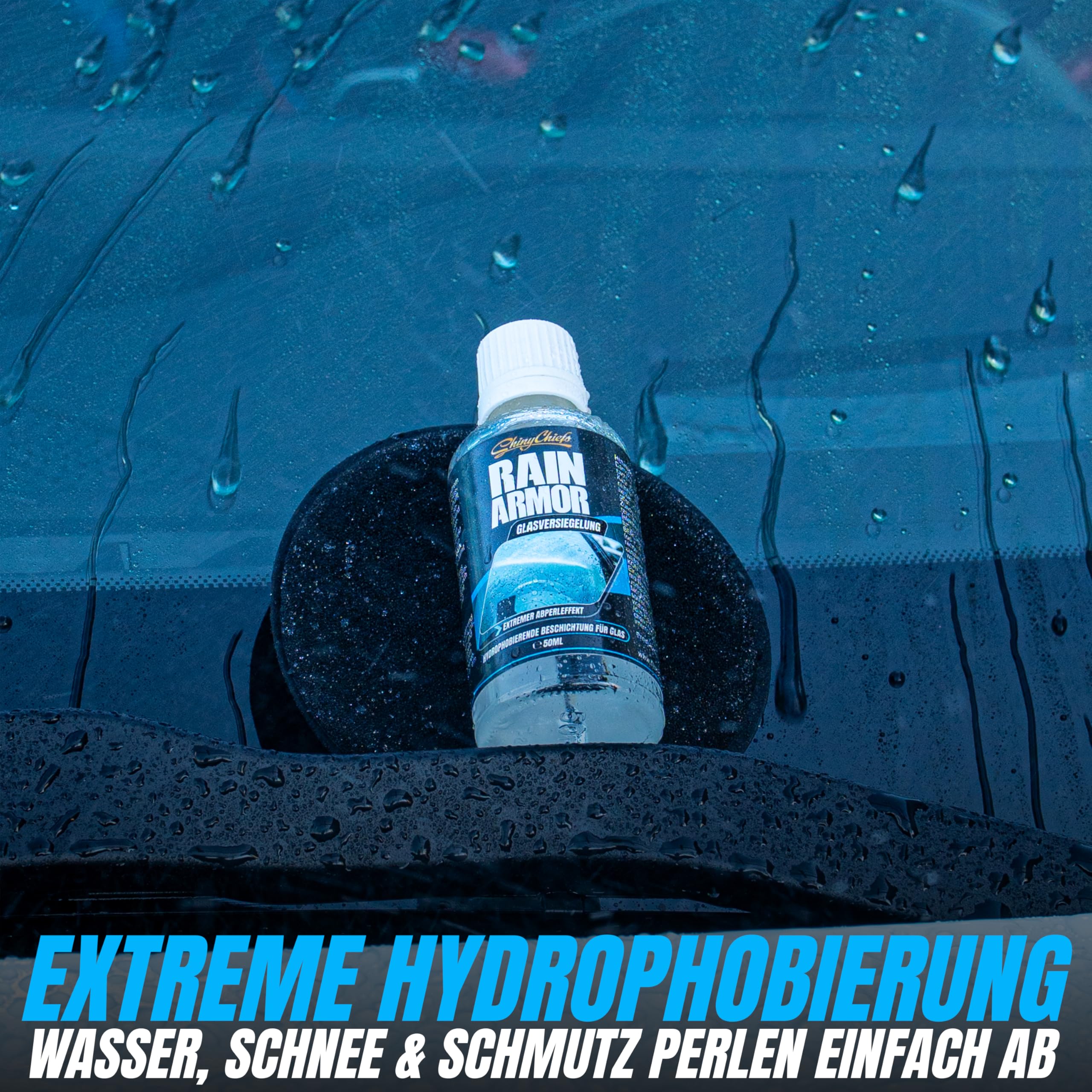 ShinyChiefs RAIN AMOR Set - Autoscheiben-Versiegelung mit hydrophobem Schutz - Lässt Regen und Schnee abperlen - Langer Halt, Glasversiegelung bis zu 2 Monate, 50ml, Microfasertuch & Applikatorpad