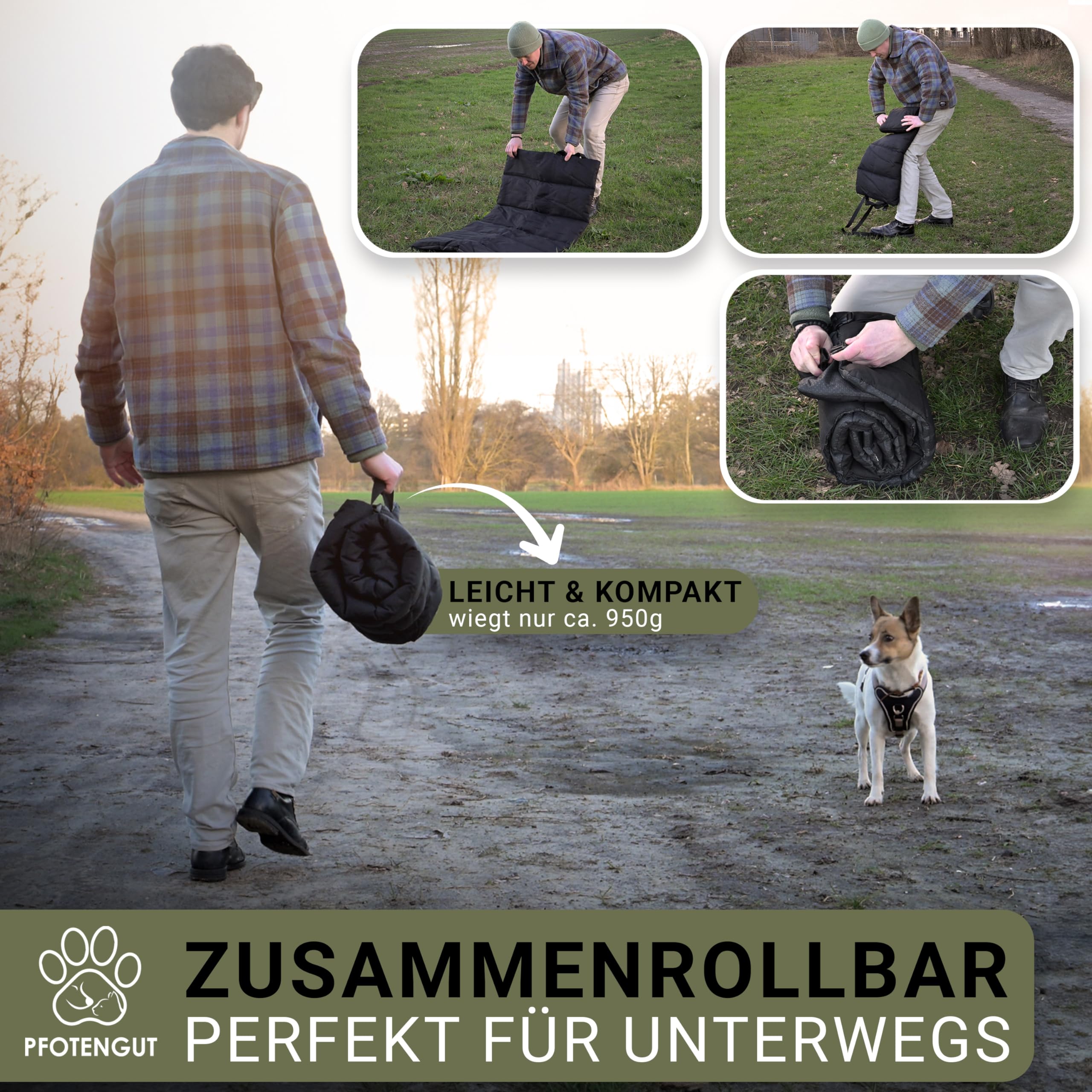 Couverture pour chien pour les déplacements [imperméable et antidérapant] – Tapis doux pour chien d'extérieur [110 x 70 cm] à emporter avec gamelle d'eau pliable avec mousqueton, HD11070