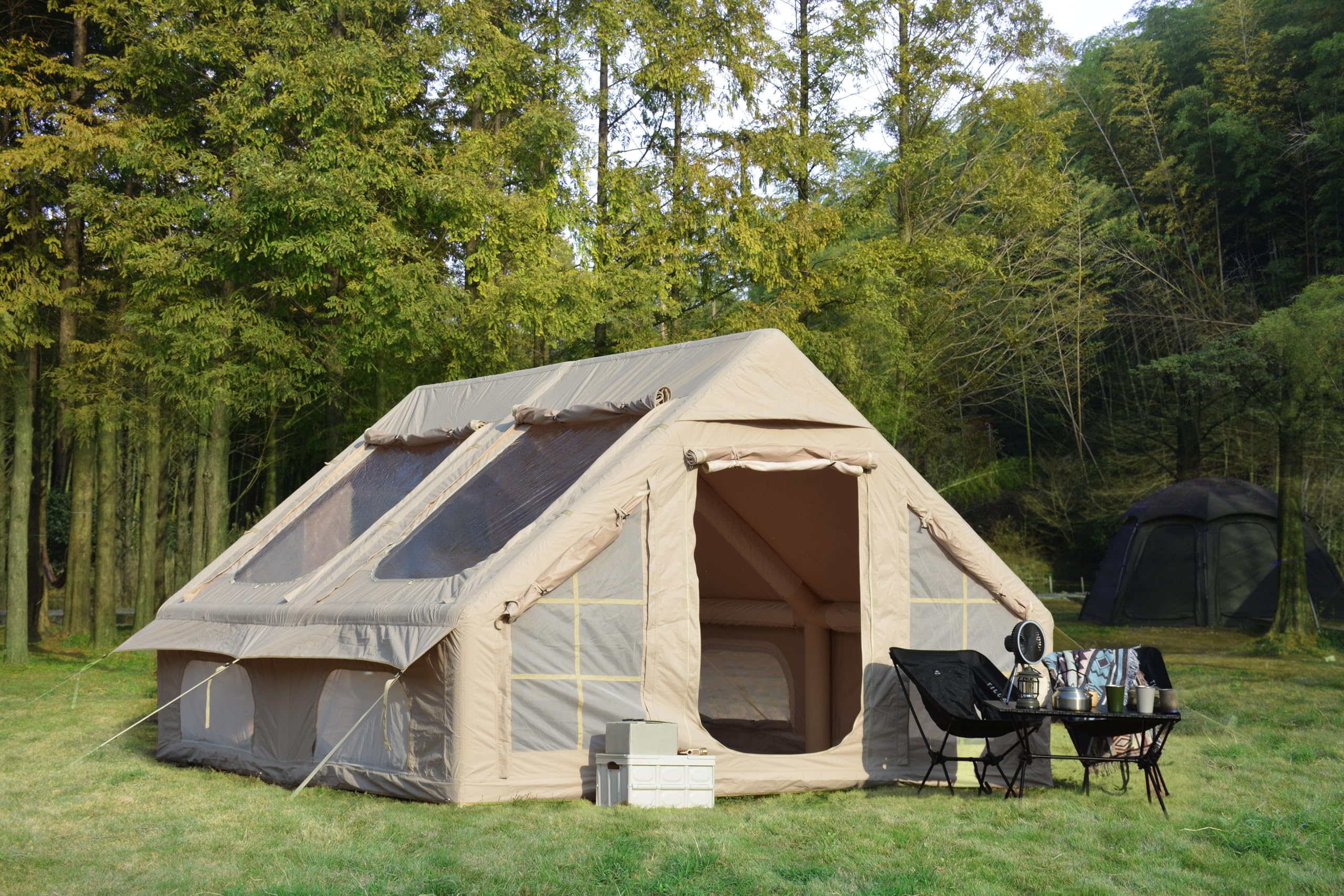 9.8 x13ft Inflatable Camping Tents with Hand Pump, Air Glamping Tents, Easy Setup Waterproof and Windproof Blow up Tent, 4 Seasons Oxford Cabin Tent with Mesh &amp; Chimney Window. Beige