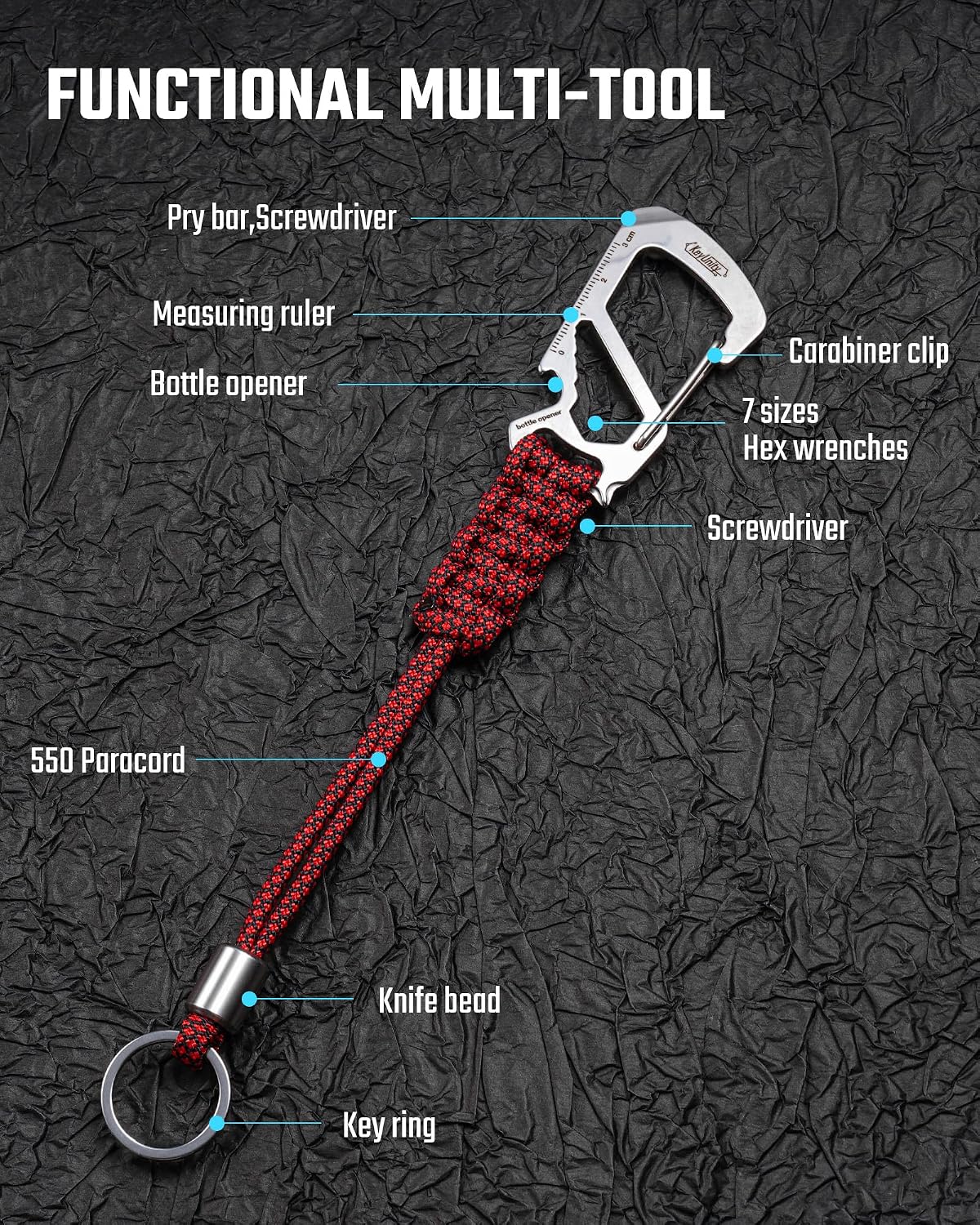 KeyUnity KC04 Paracord Keychain Carabiner Clip with Stainless Steel Ring image 4