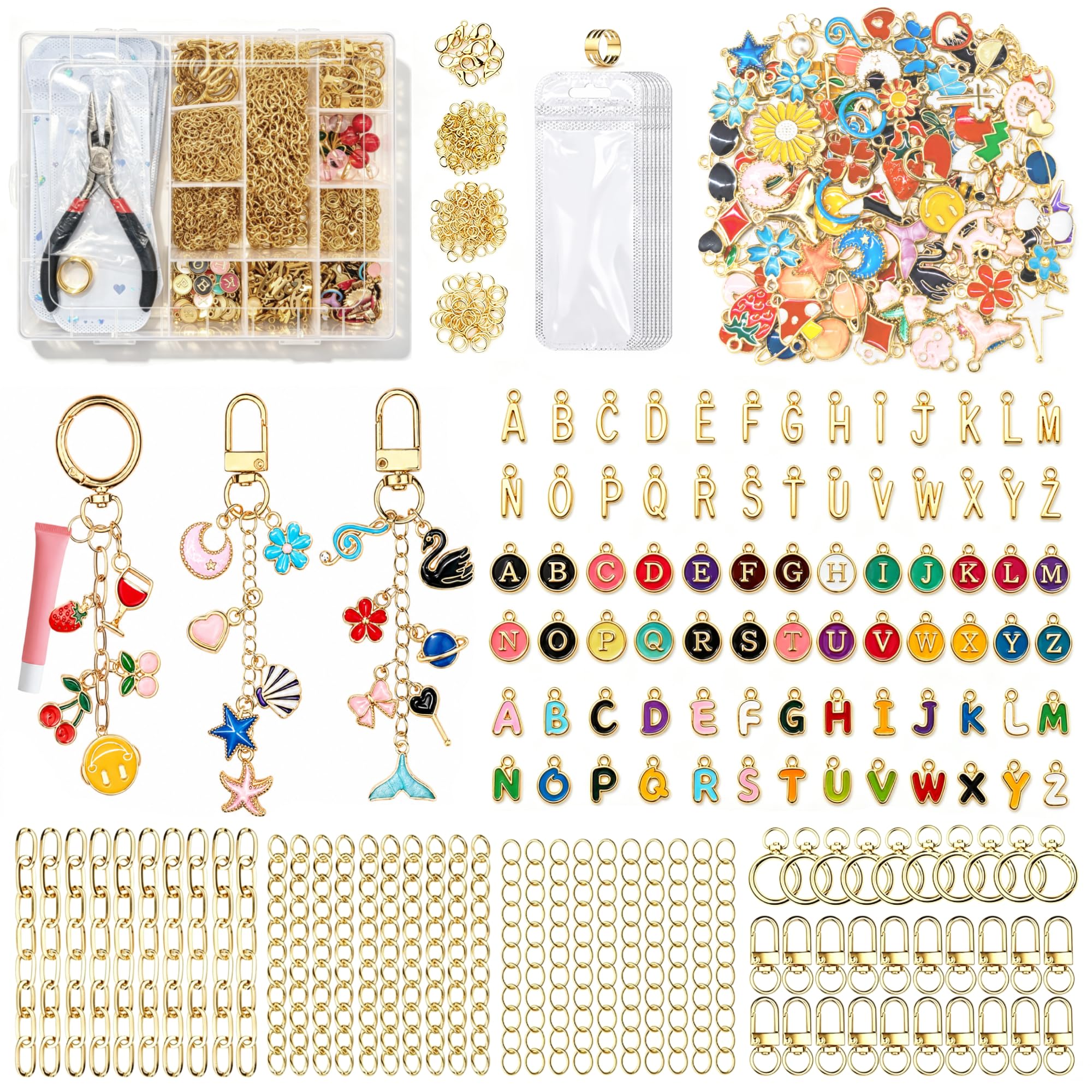 MOONONE Kit di 656 portachiavi dorati, lucidalabbra con ciondoli, ganci portachiavi, anelli di salto, catene, pinze, scatola organizer e sacchetti regalo, kit fai da te per zaini e accessori