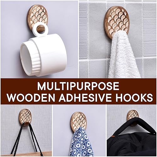 Miniatura 37 de Indian Shelf 3 ganchos, 6 tiras de ganchos de pared adhesivos de madera, ganchos decorativos de pared para colgar, gancho adhesivo bohemio