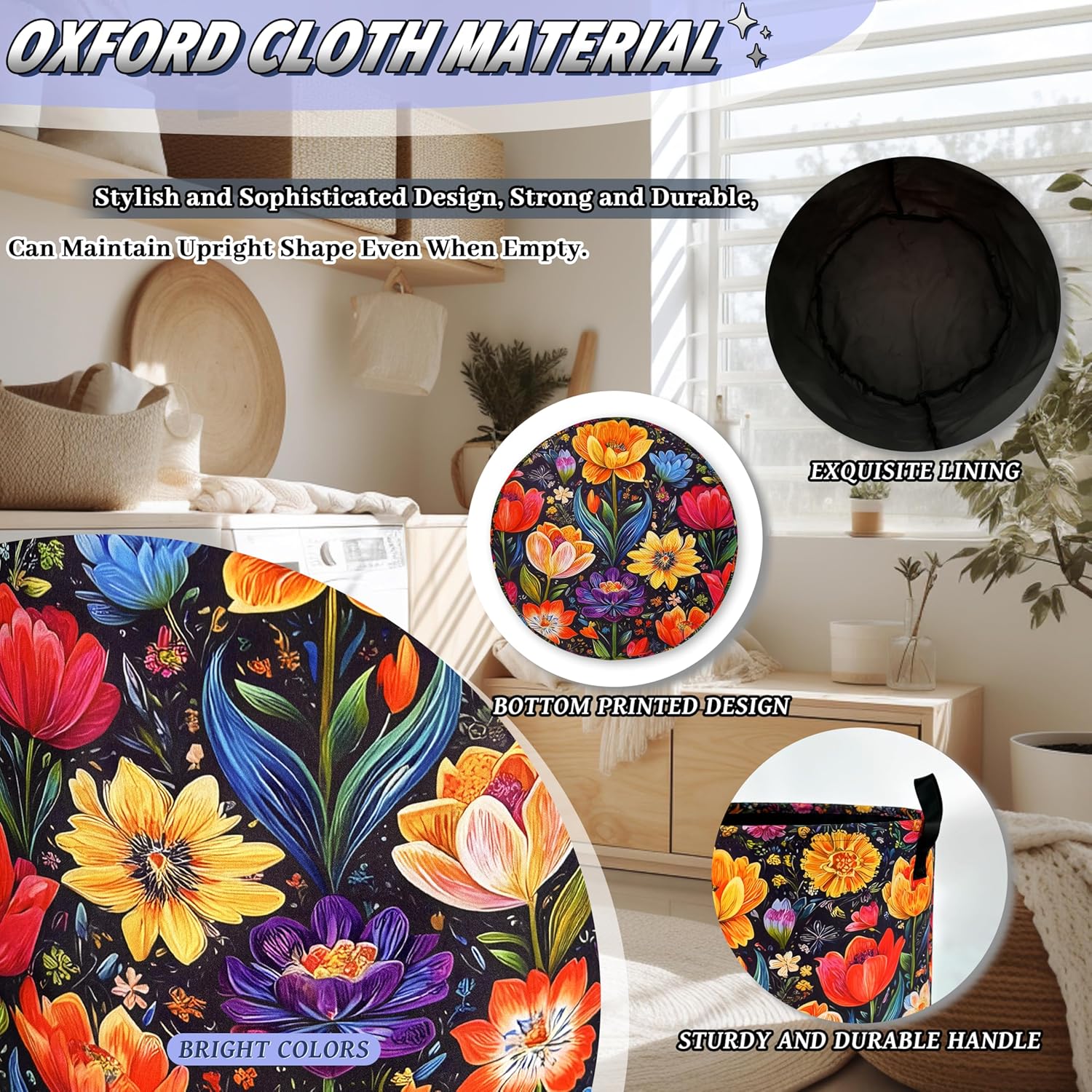 Bright Colorful Flowers Laundry Hamper Oxford Cloth Beautiful Floral Laundry Basket With Handle Portable Clothes Storage Basket Foldable Laundry Bag 18.9"x16.5" For Laundry Room/Bedroom/Bathroom