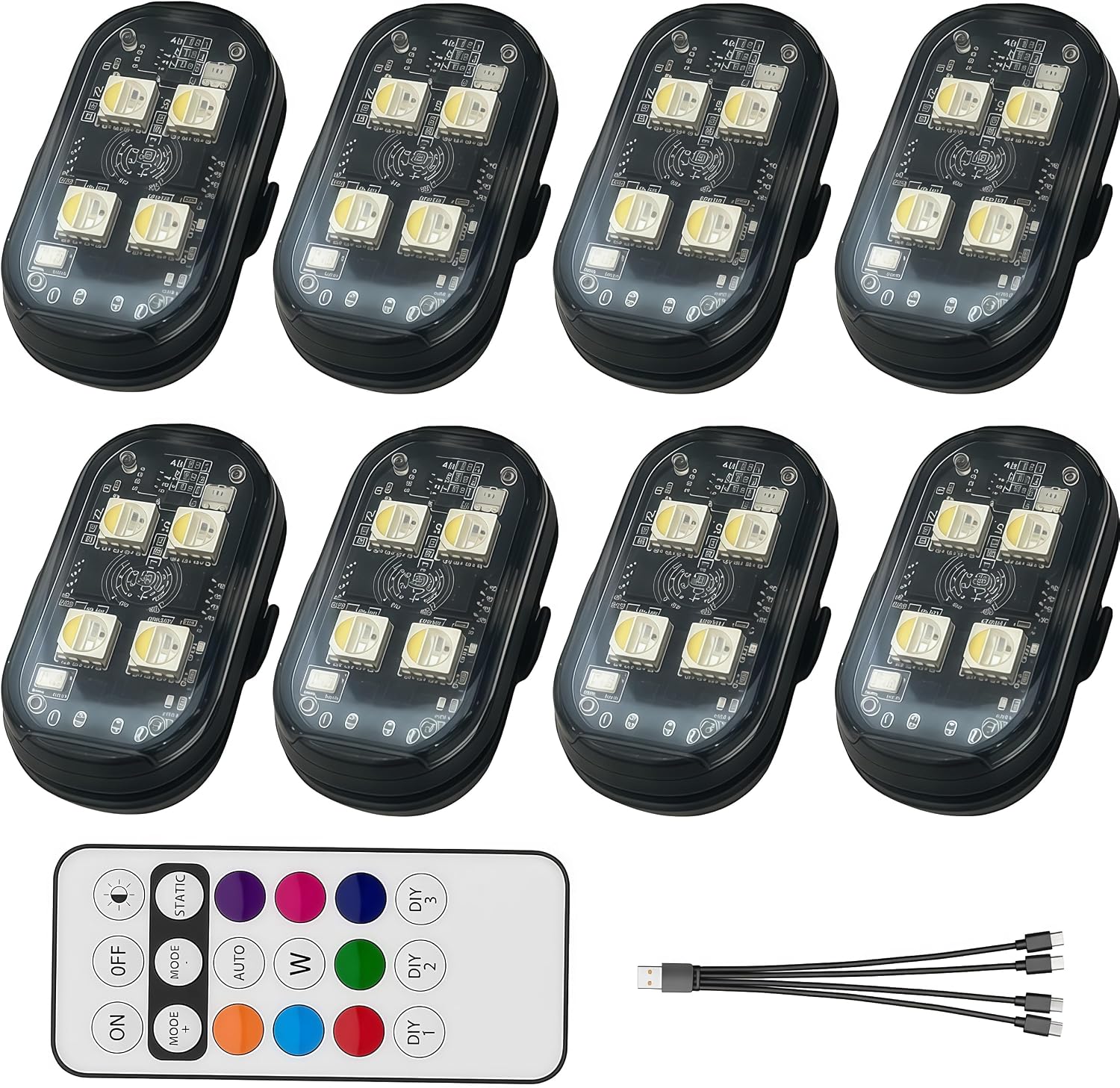 8PCS Wireless LED Strobe Lights with Remote Control, RGB 8 Colors Multifunction, USB Charging Waterproof Anti-Collision Tail Warning Mini Light for Car Motorcycle Trucks Bike Drone Aircraft (8)