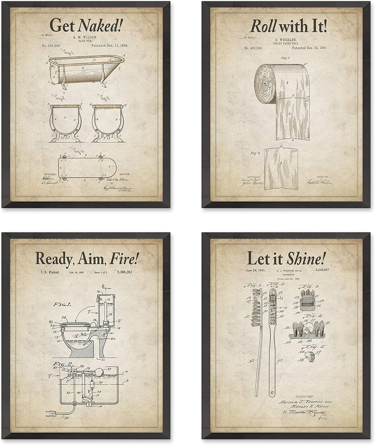 Bathroom Patent Wall Art Prints with Slogans, Set of 4, Unframed, Vintage Toilet Photos, Wall Art Decor Poster Sign, 8x10 Inches
