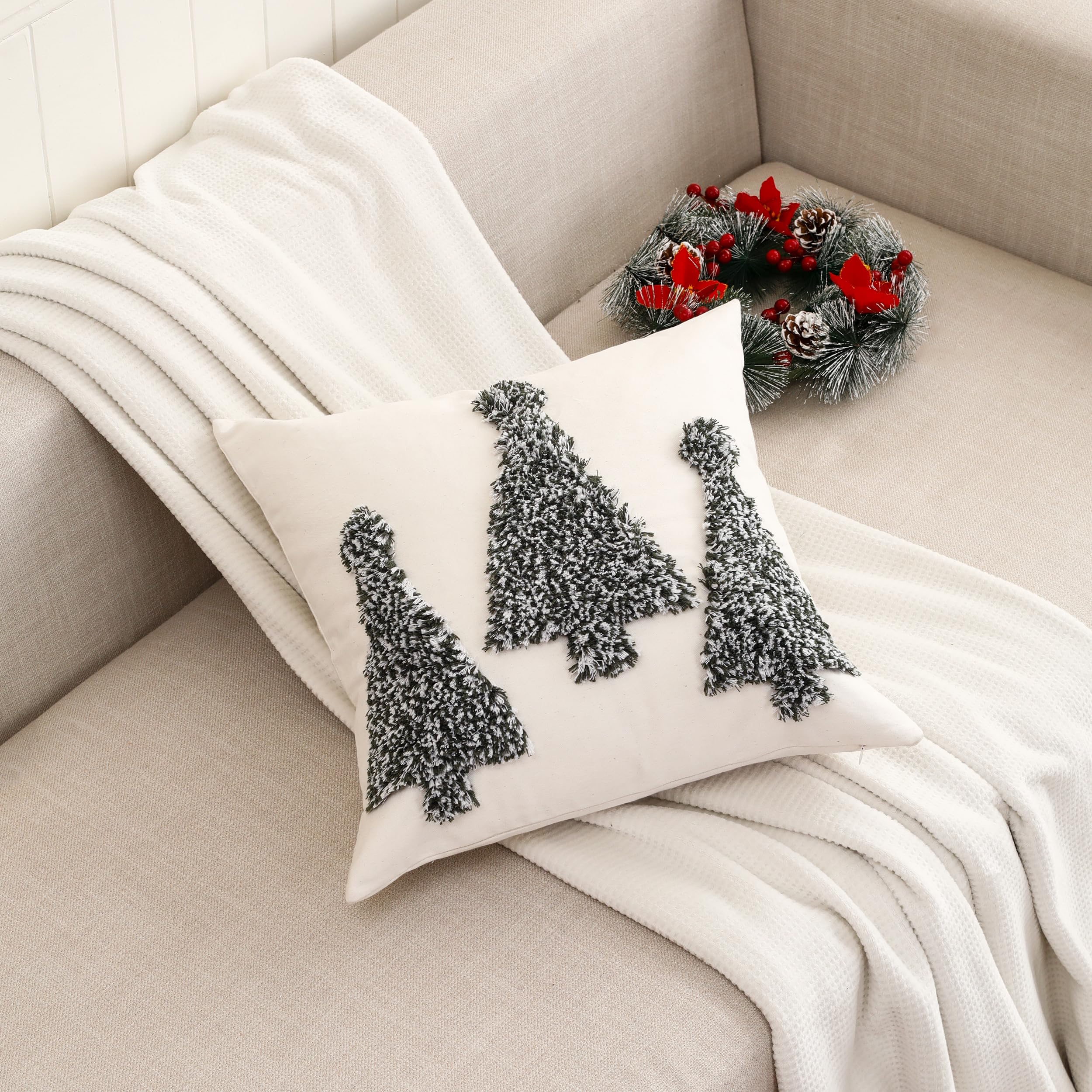 Set De 2 Fundas Navideñas De Lino 50x50 Cm - Árbol De Navidad En Gris Y Blanco, Decoración Cojín