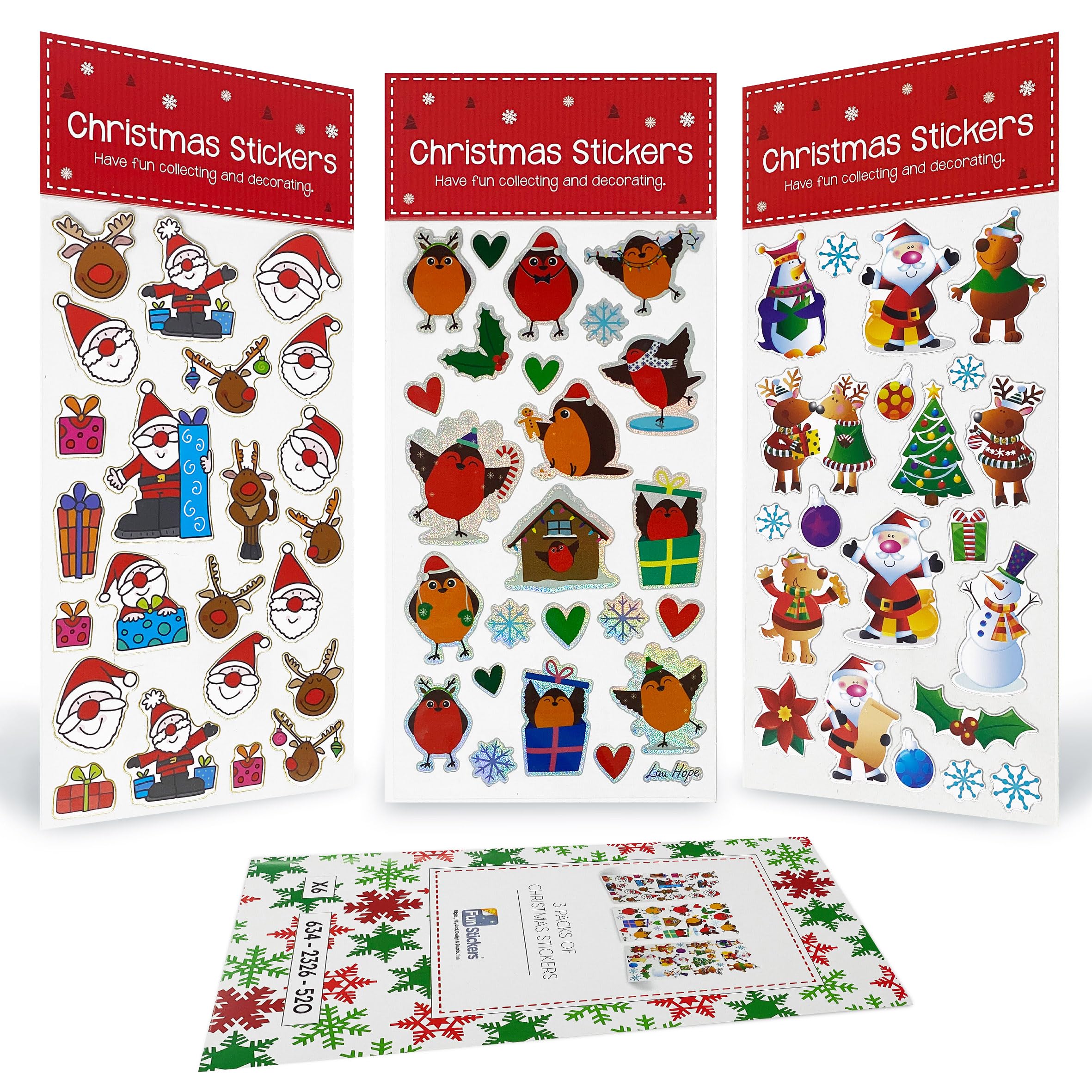 Christmas Stickers Decorating 3 Pack Sheet - Self Adhesive Merry Xmas Crafting, Scrapbook, Gift, Present, Party Bag Filler, Card Making Supplies for Kids - Santa Claus, Reindeer, Snowmen, Snowflake