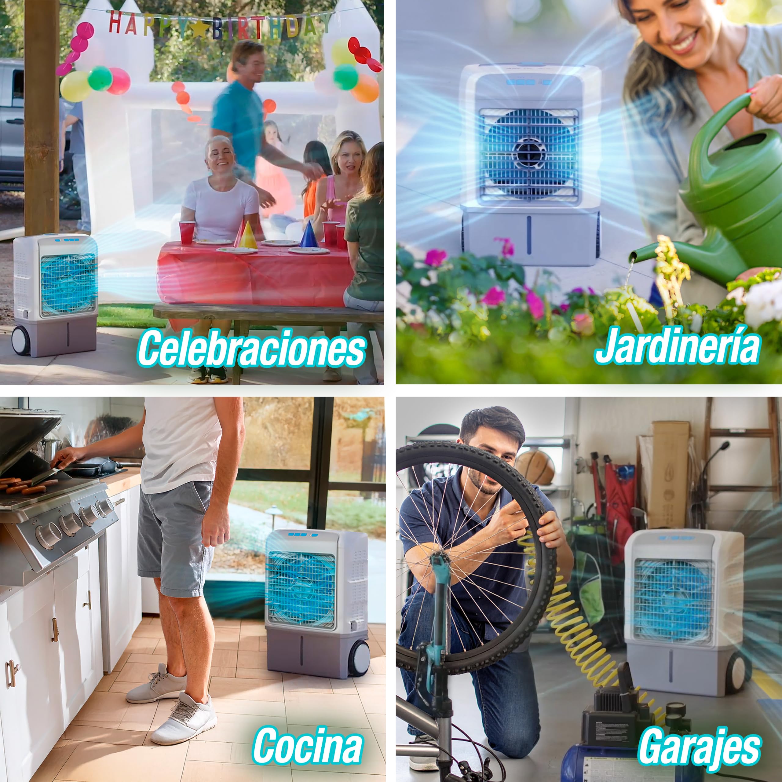 Enfriador Evaporativo Portátil TITAN CHILL. EXTERIOR/Interior. Tecnología Hydro-Chill. Depósito agua18L. Refresca hasta 46 m². 3 Velocidades. Conexión a Manguera. Ruedas/Asa. Sin instalación.