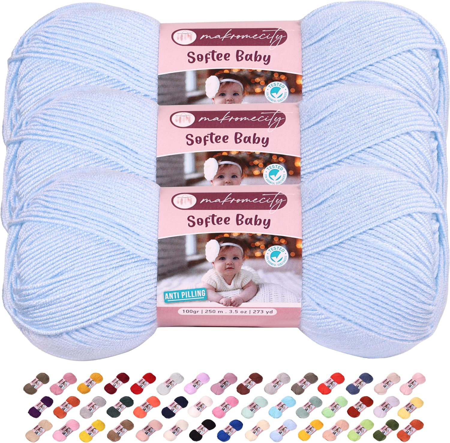 3 Skeins of Makromecity Softee Baby Yarn,%100 Premium Anti-Pilling Acrylic, 3.5 Oz, 273 yd (100gr/250 mt) Each, Soft Yarn for Crocheting and Knitting (Baby Blue, 3 Skeins)