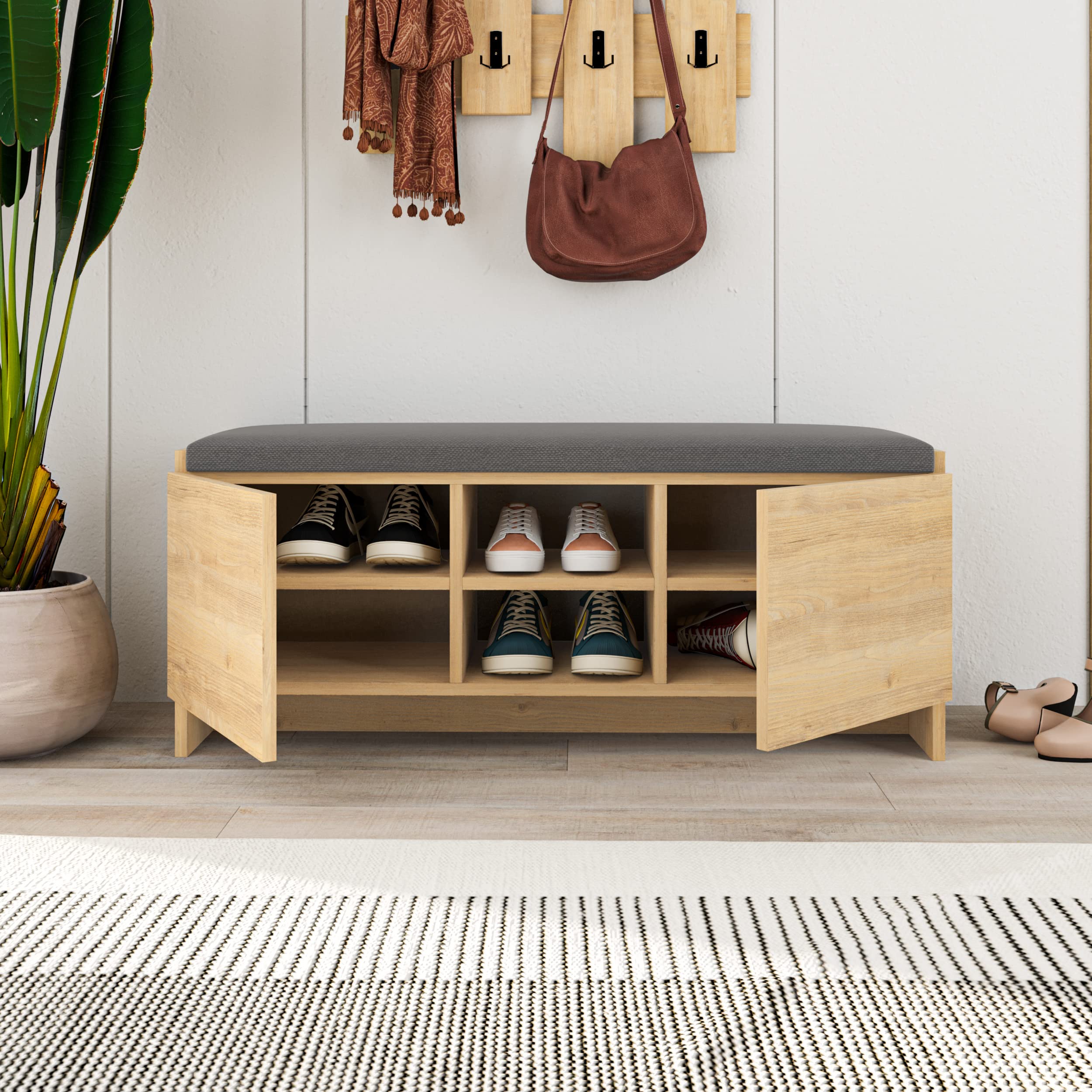 Buyqualia Mueble Zapatero Banco para Zapatos Rack con Puertas y estantes para ordenación (Alto 43 / Ancho 110 Fondo 37) en Color (Roble)