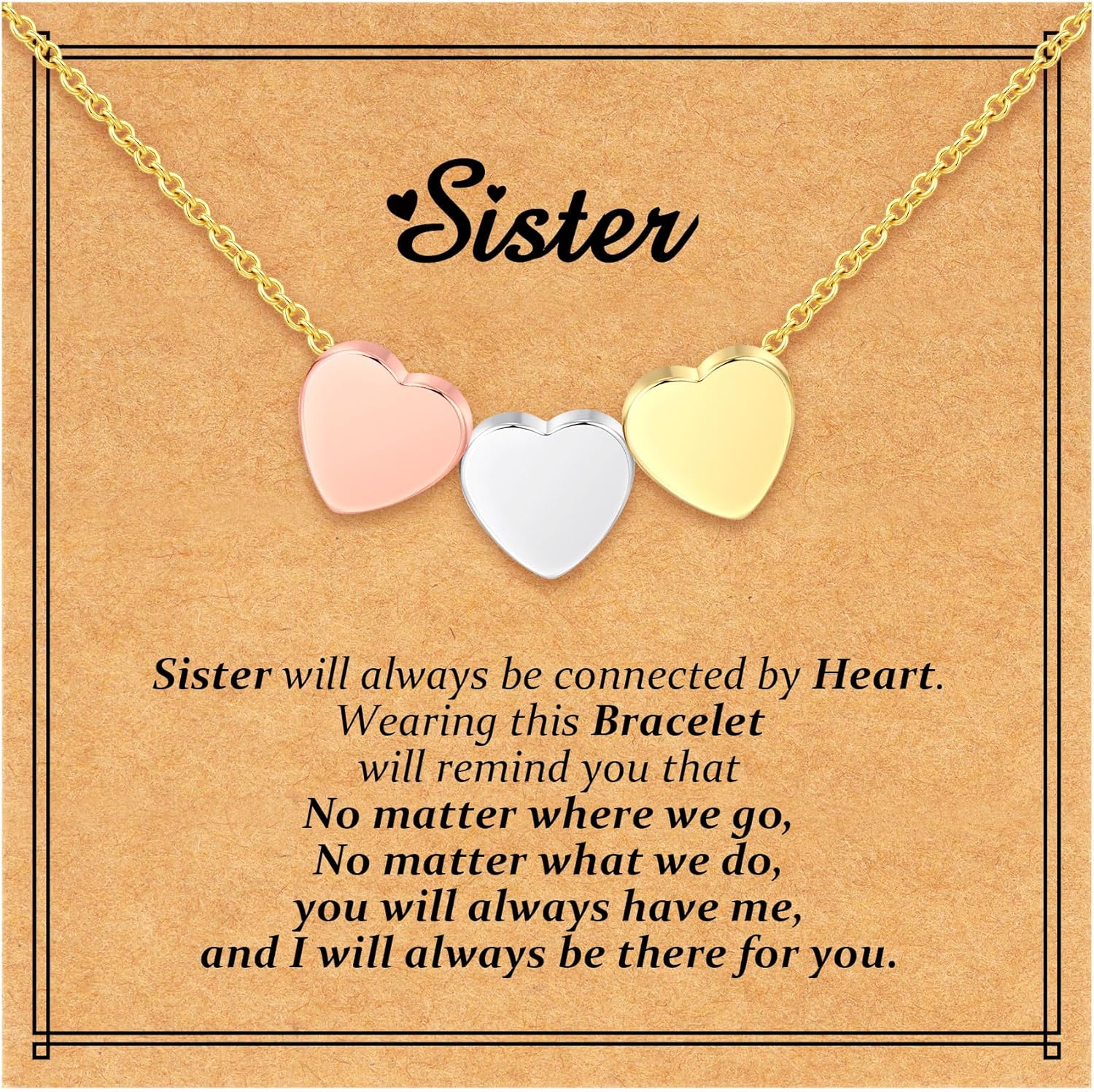 C-leen Sister Heart Necklace Gift for Women - Meaningful Sister Jewelry with Message Card, Silver & Rose Gold Heart Pendant Birthday Valentine’s Day Gift for Her